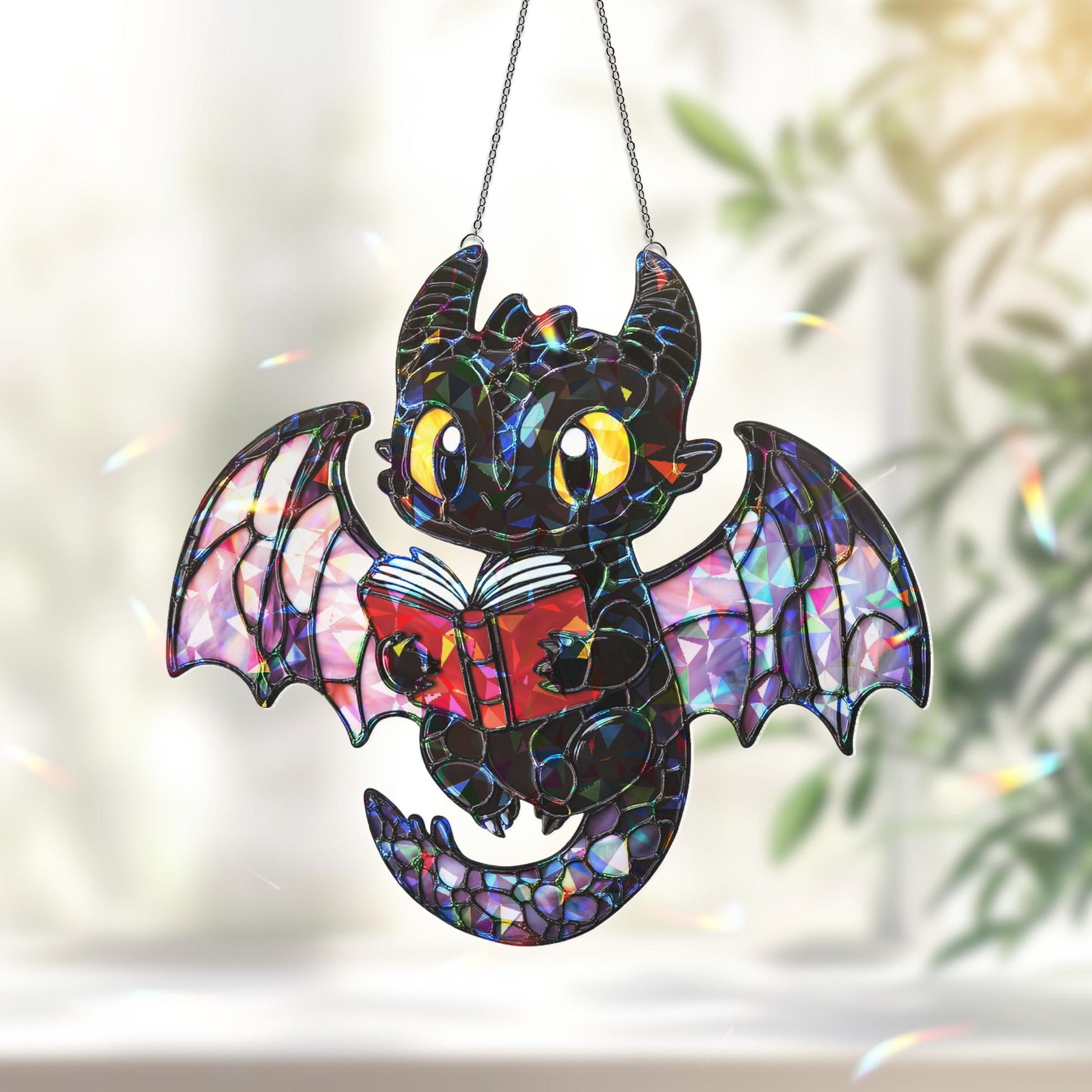 Baby Dragon Suncatcher, Dragon Read Book Suncatcher, Dragon Window Hanging, Gift for Bookworms and Fans, Book Lover Gift, Halloween Decor