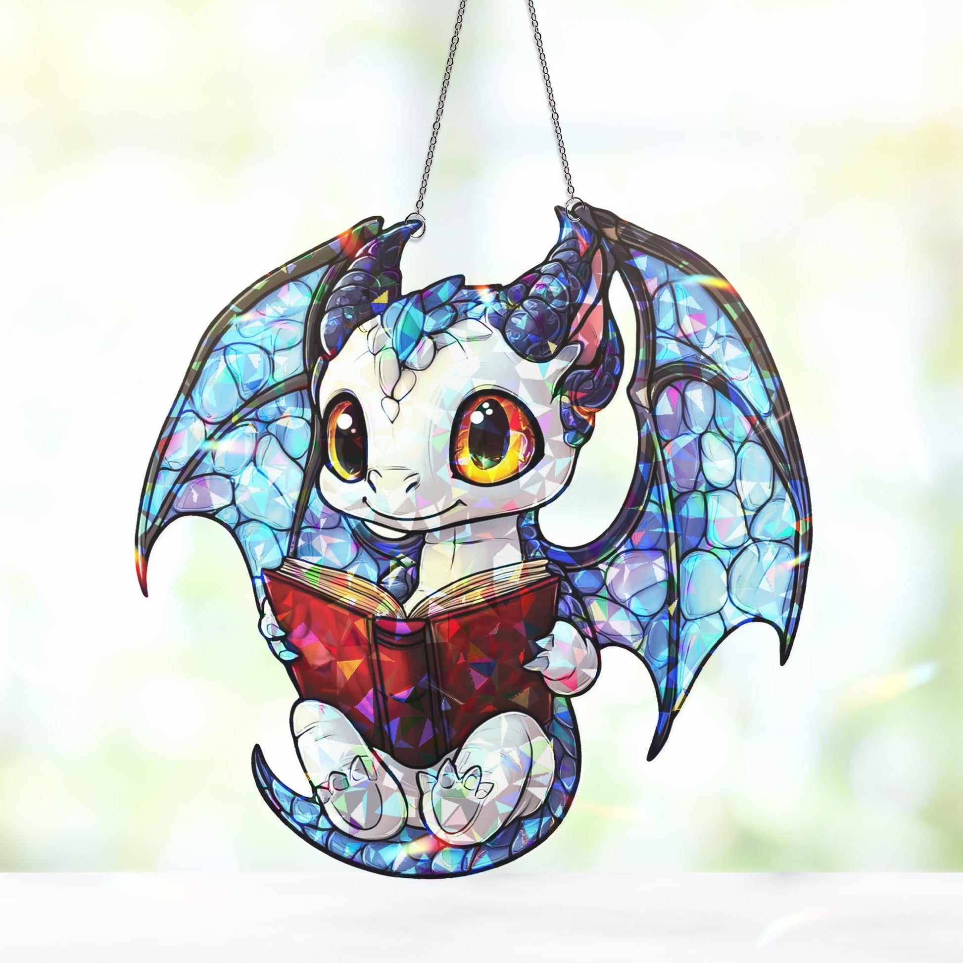 Baby Dragon Suncatcher, Dragon Read Book Suncatcher, Dragon Window Hanging, Gift for Bookworms and Fans, Book Lover Gift, Halloween Decor