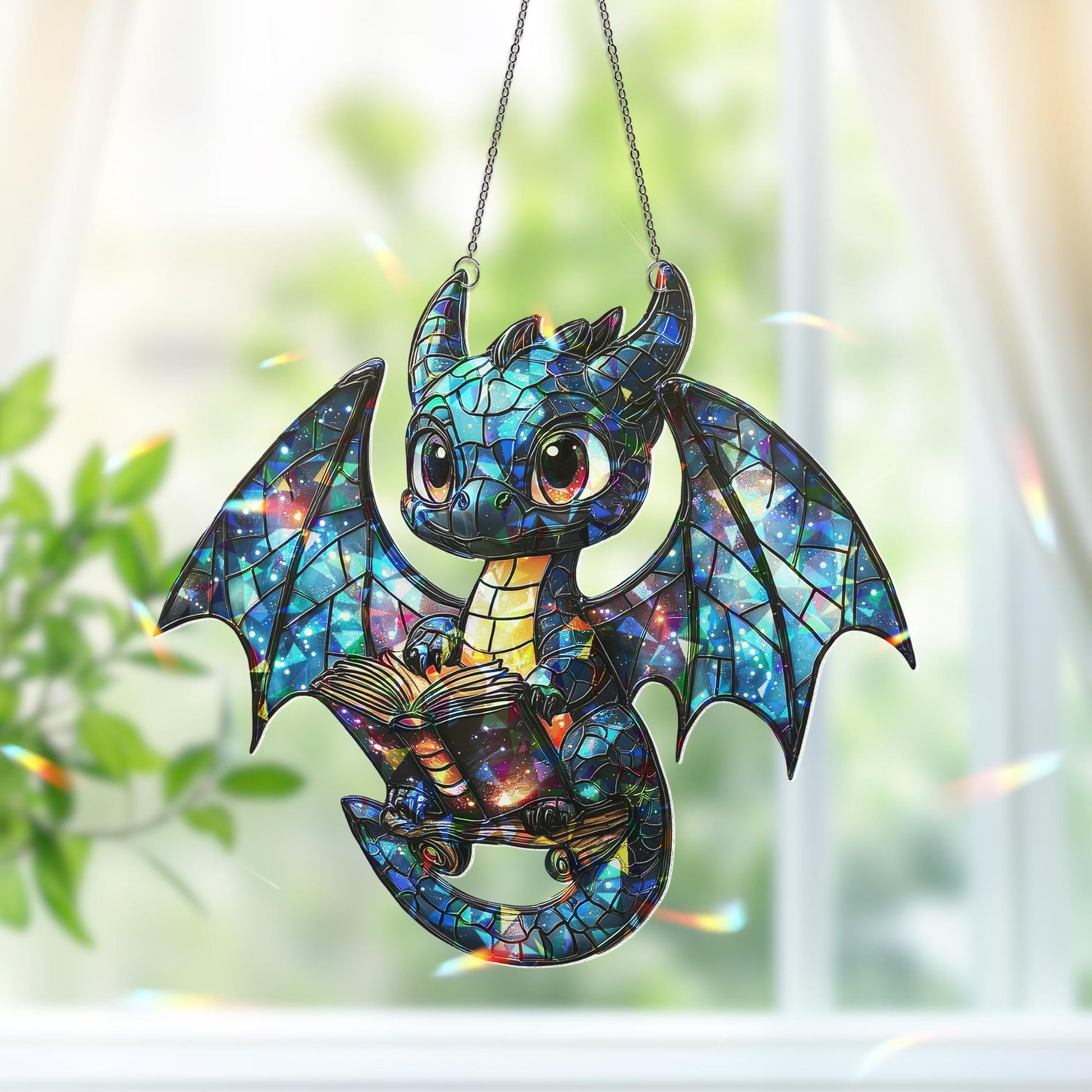 Baby Dragon Suncatcher, Dragon Read Book Suncatcher, Dragon Window Hanging, Gift for Bookworms and Fans, Book Lover Gift, Halloween Decor