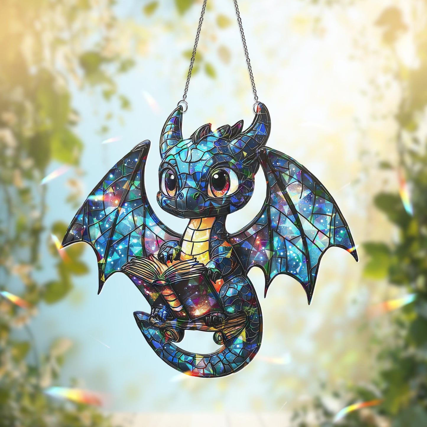 Baby Dragon Suncatcher, Dragon Read Book Suncatcher, Dragon Window Hanging, Gift for Bookworms and Fans, Book Lover Gift, Halloween Decor