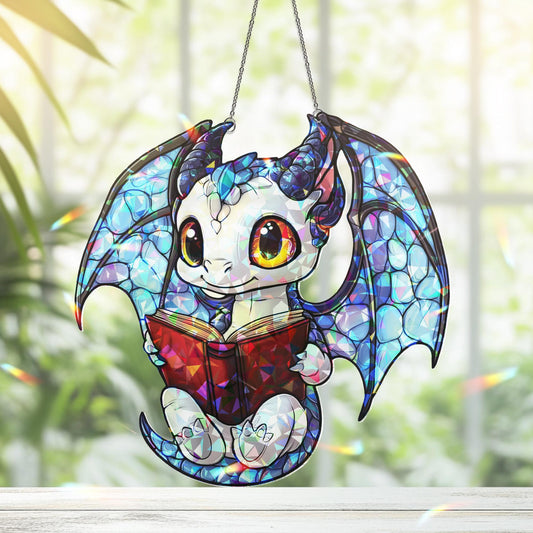 Baby Dragon Suncatcher, Dragon Read Book Suncatcher, Dragon Window Hanging, Gift for Bookworms and Fans, Book Lover Gift, Halloween Decor
