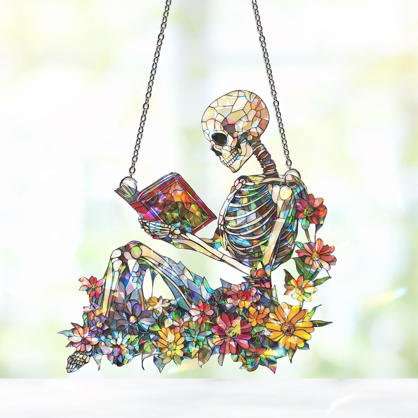 Skeleton Reading Suncatcher, Skeleton Ornament, Book Lover Decor, Halloween Suncatcher Decor, Skeleton Art, Skull Decor, Halloween Gift