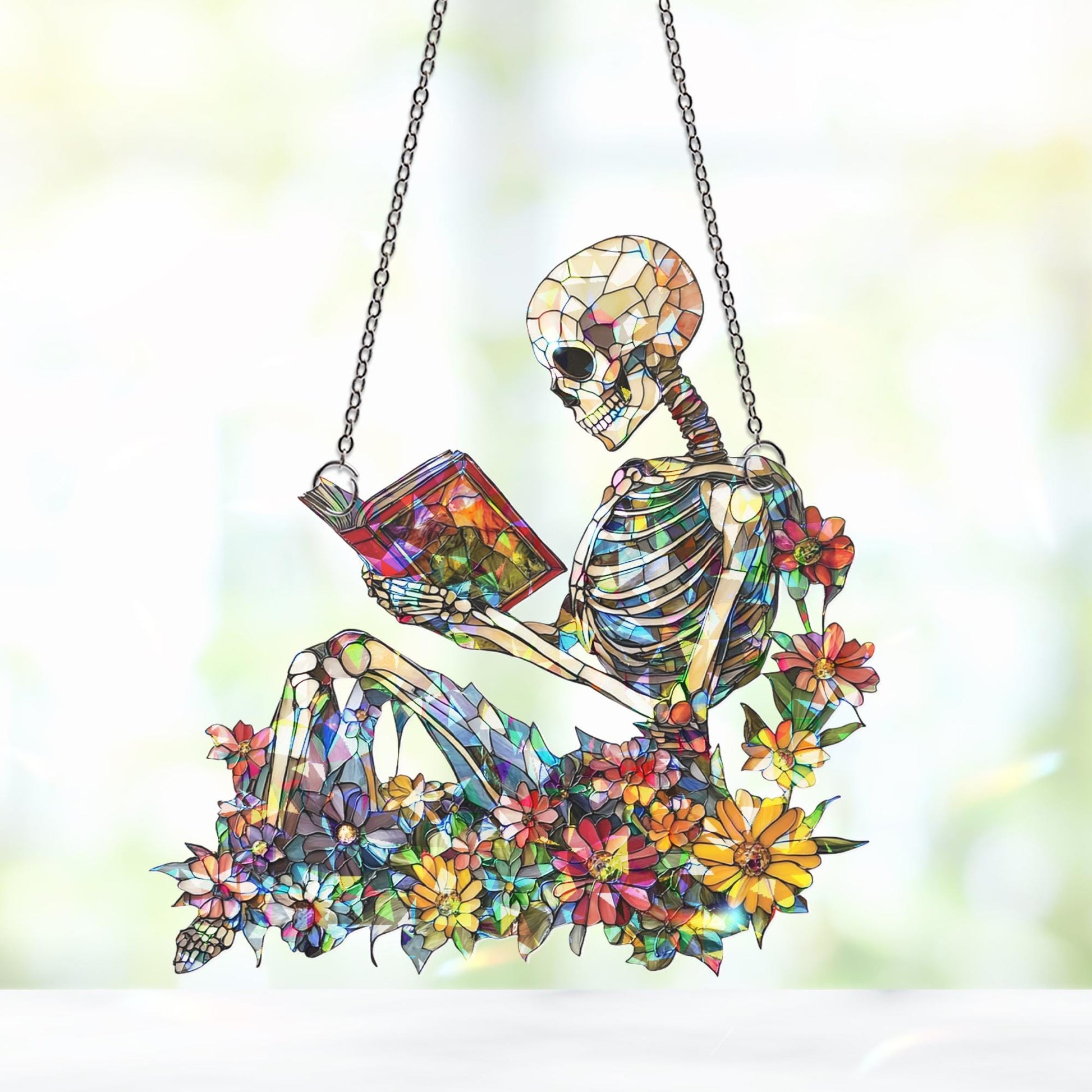 Skeleton Reading Suncatcher, Skeleton Ornament, Book Lover Decor, Halloween Suncatcher Decor, Skeleton Art, Skull Decor, Halloween Gift