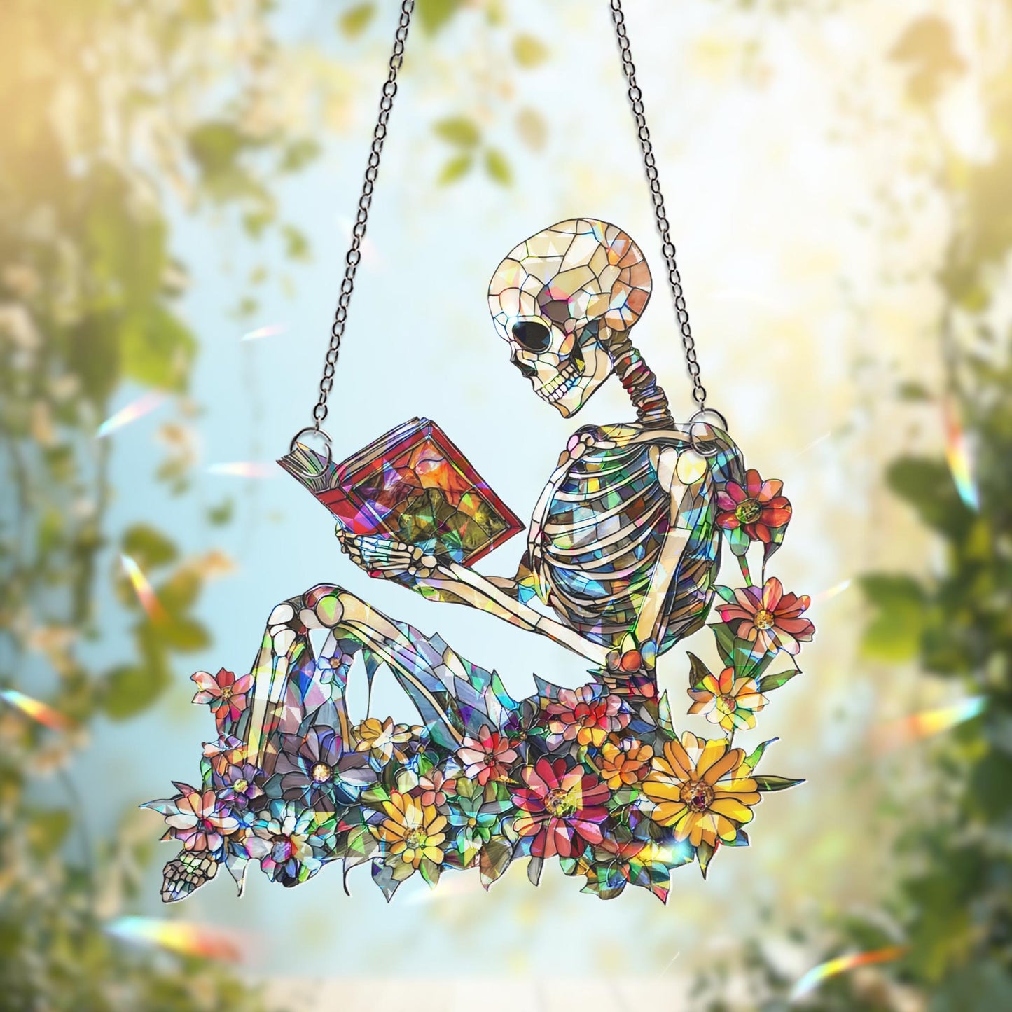 Skeleton Reading Suncatcher, Skeleton Ornament, Book Lover Decor, Halloween Suncatcher Decor, Skeleton Art, Skull Decor, Halloween Gift
