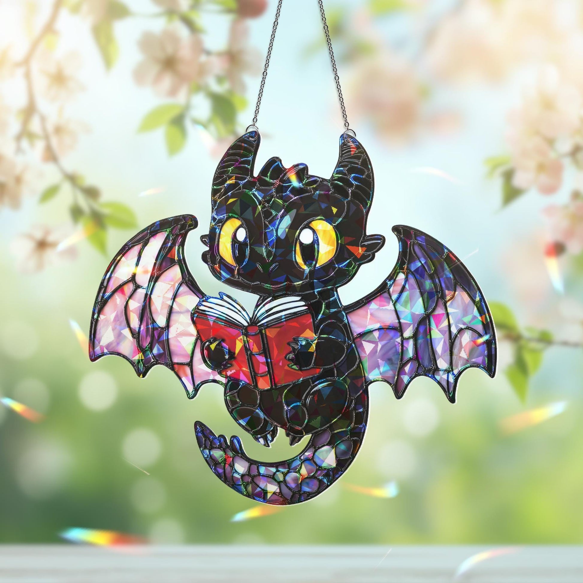Baby Dragon Suncatcher, Dragon Read Book Suncatcher, Dragon Window Hanging, Gift for Bookworms and Fans, Book Lover Gift, Halloween Decor
