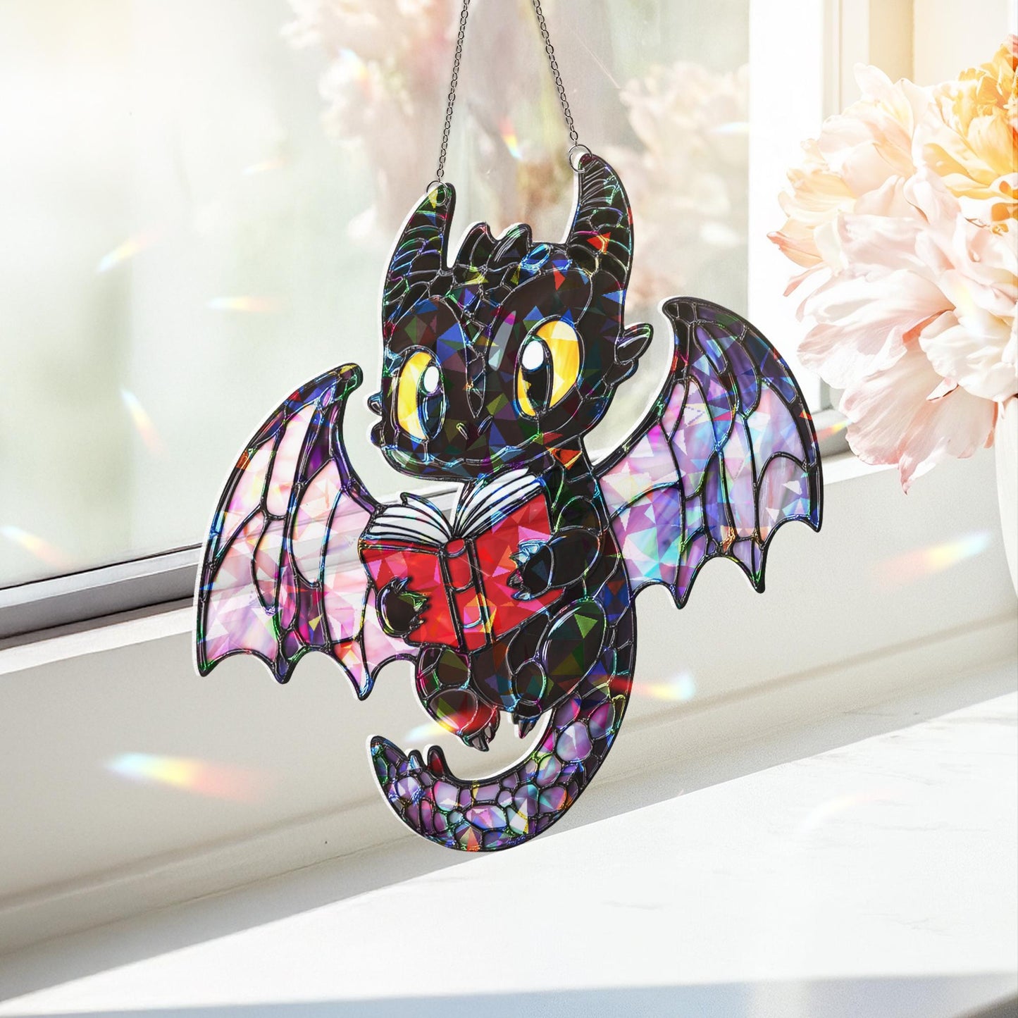 Baby Dragon Suncatcher, Dragon Read Book Suncatcher, Dragon Window Hanging, Gift for Bookworms and Fans, Book Lover Gift, Halloween Decor
