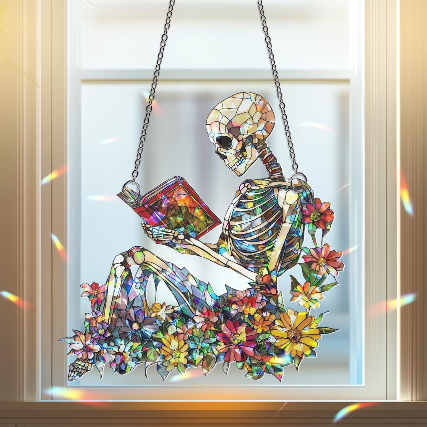 Skeleton Reading Suncatcher, Skeleton Ornament, Book Lover Decor, Halloween Suncatcher Decor, Skeleton Art, Skull Decor, Halloween Gift