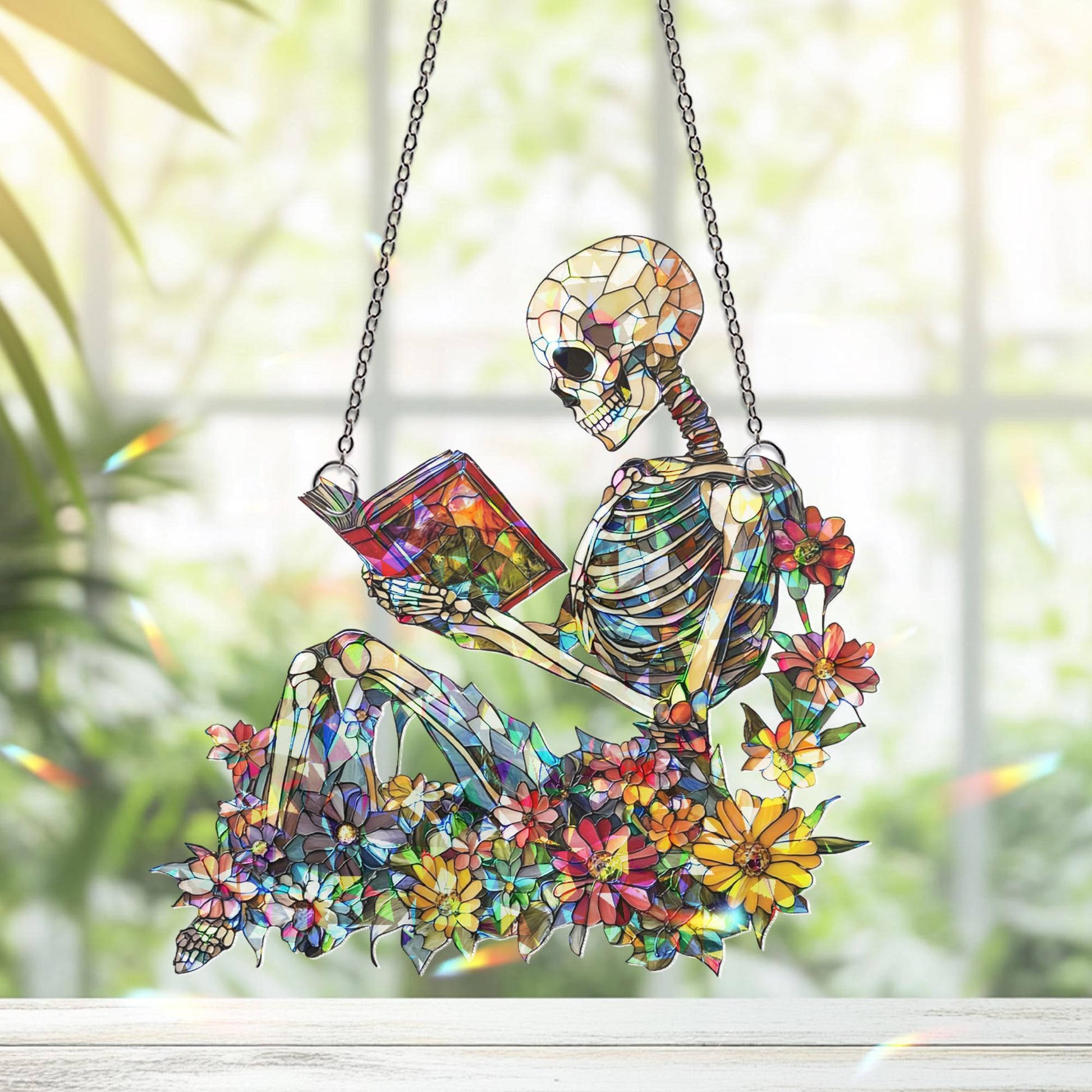 Skeleton Reading Suncatcher, Skeleton Ornament, Book Lover Decor, Halloween Suncatcher Decor, Skeleton Art, Skull Decor, Halloween Gift