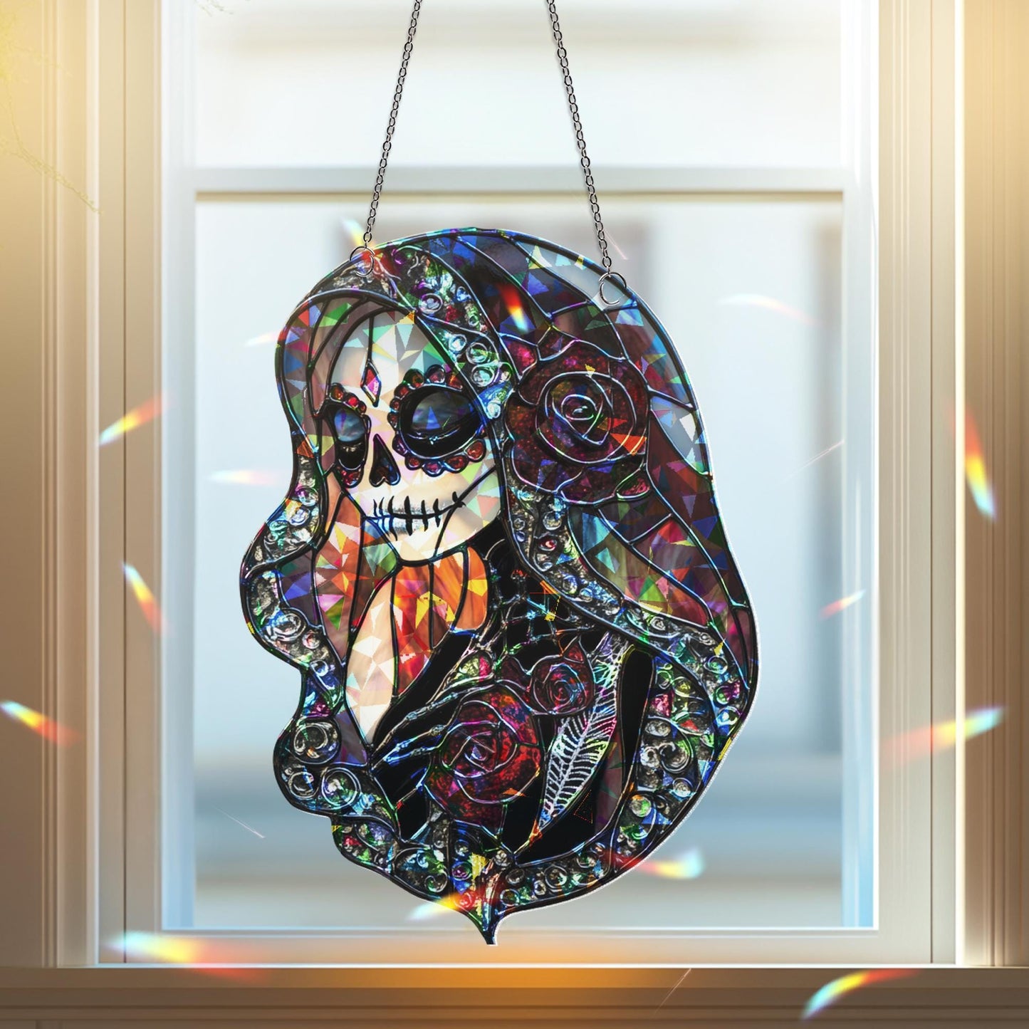 Dia De Los Muertos Sugar Skull Sun Catcher, Day of the Dead Light Catcher Window Hanging, Halloween Calavera Home Decoration, Halloween Gift