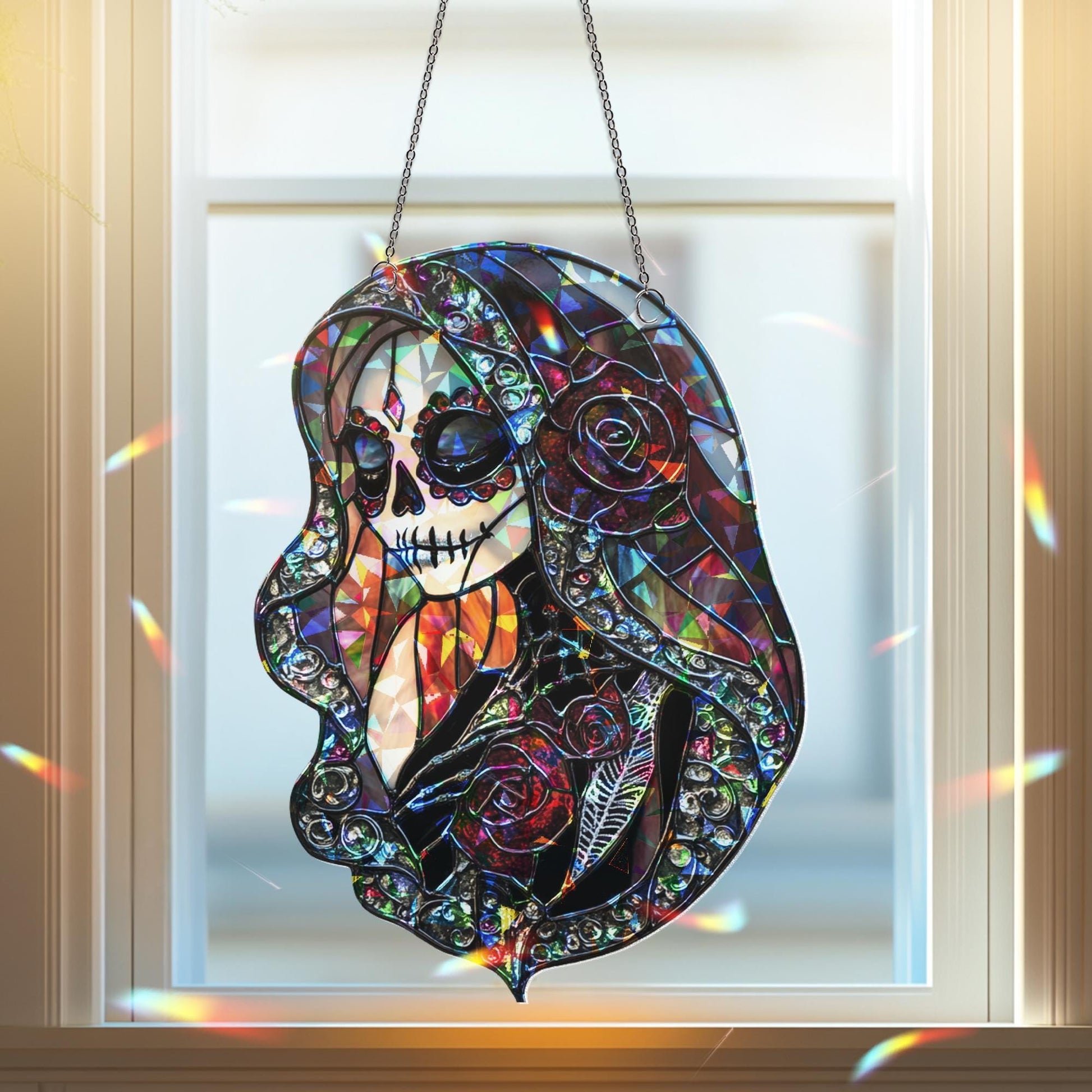 Dia De Los Muertos Sugar Skull Sun Catcher, Day of the Dead Light Catcher Window Hanging, Halloween Calavera Home Decoration, Halloween Gift