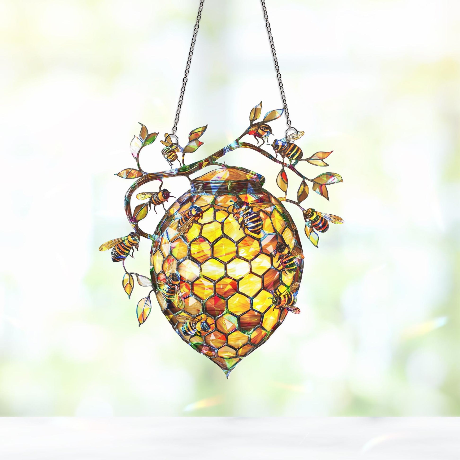 Beehive Honeybee Suncatcher, Nature Lover Gift, Bee Decor for Garden Kitchen, Nature Wall Decor,  Bee Lovers Spring Home, Honeycomb Ornament