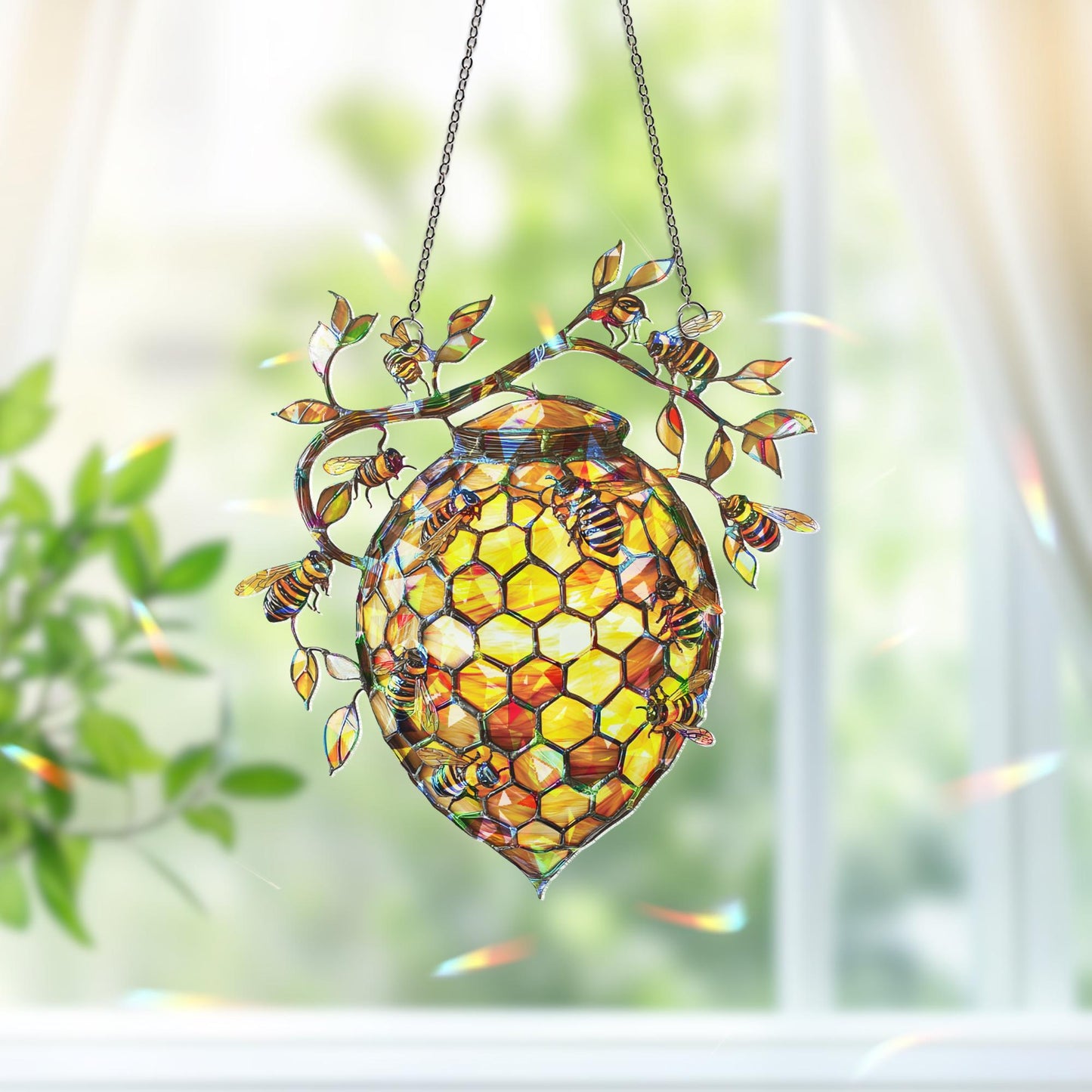 Beehive Honeybee Suncatcher, Nature Lover Gift, Bee Decor for Garden Kitchen, Nature Wall Decor,  Bee Lovers Spring Home, Honeycomb Ornament