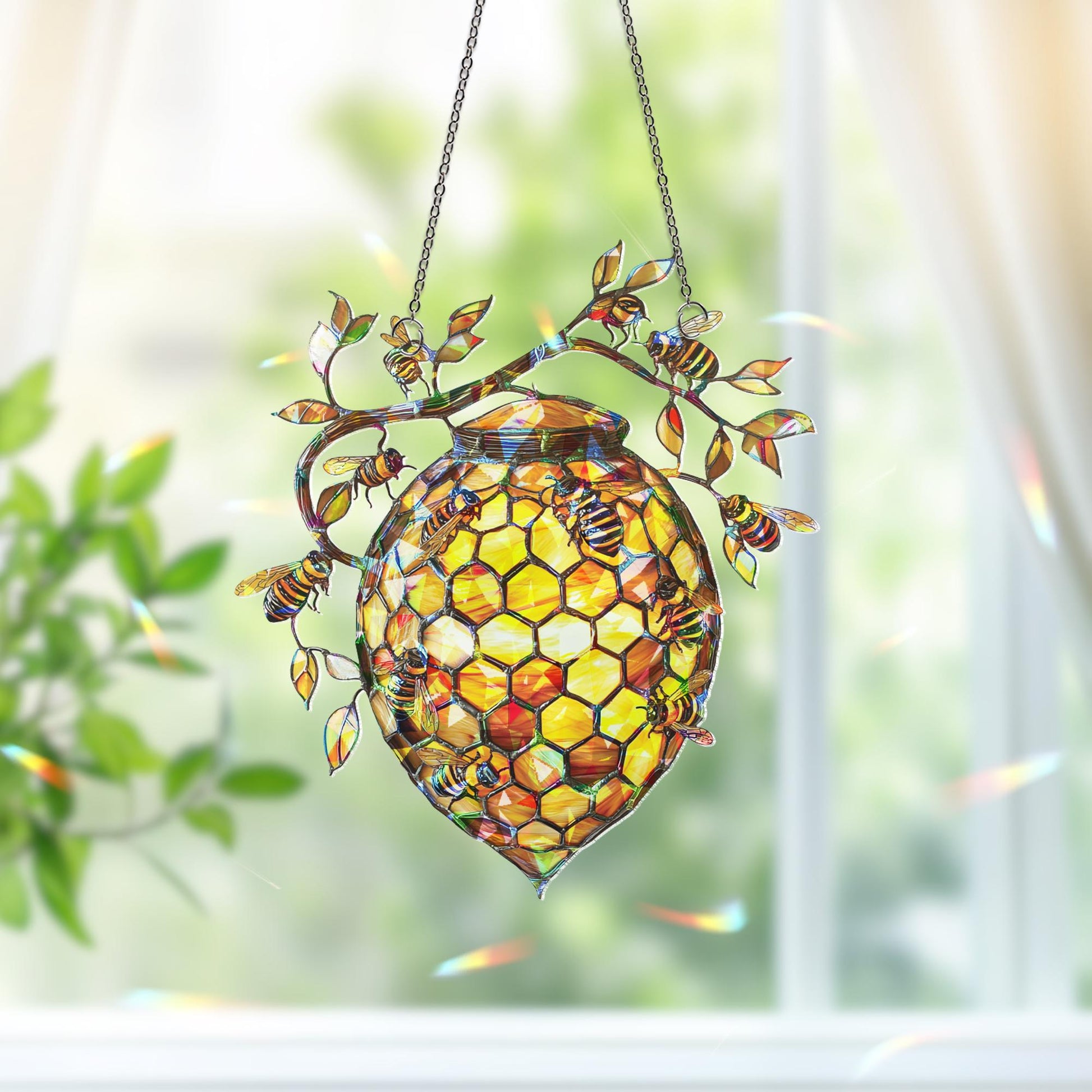 Beehive Honeybee Suncatcher, Nature Lover Gift, Bee Decor for Garden Kitchen, Nature Wall Decor,  Bee Lovers Spring Home, Honeycomb Ornament