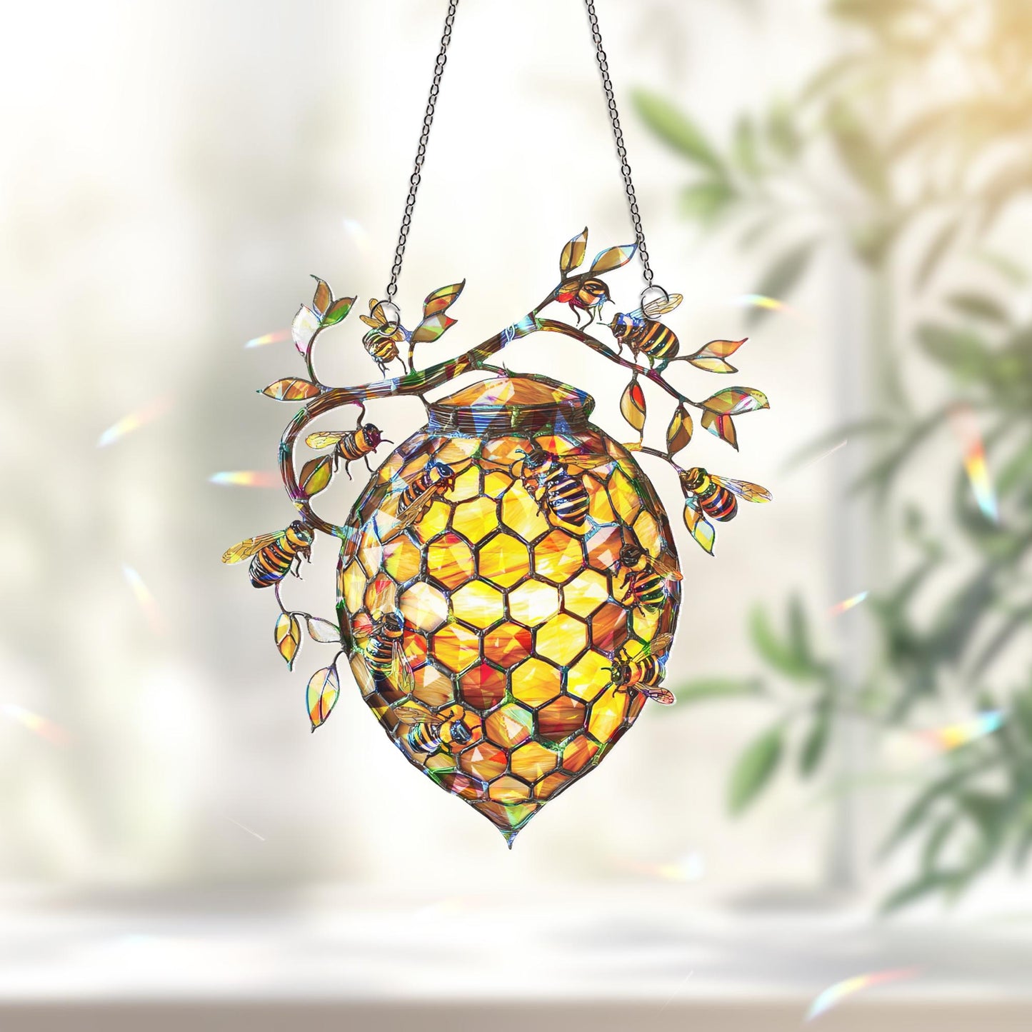 Beehive Honeybee Suncatcher, Nature Lover Gift, Bee Decor for Garden Kitchen, Nature Wall Decor,  Bee Lovers Spring Home, Honeycomb Ornament