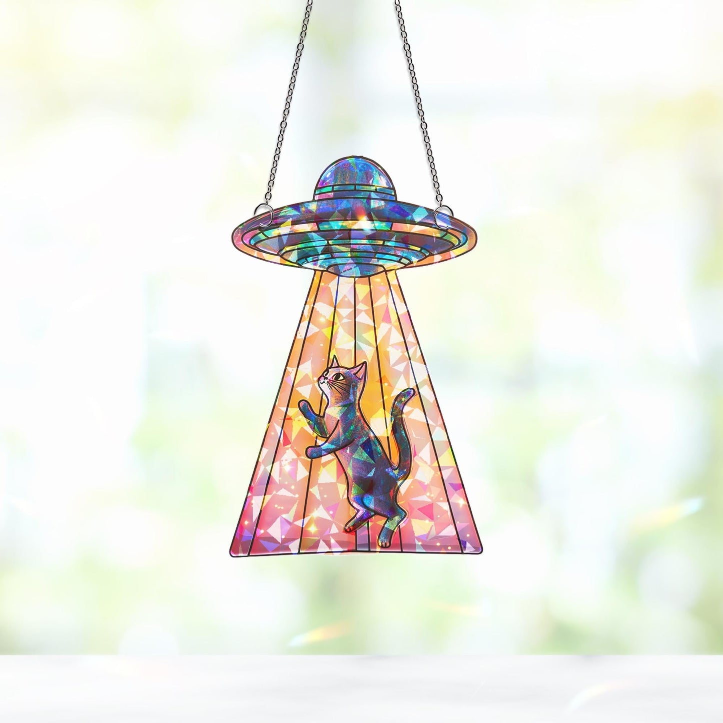 Funny Cat UFO Suncatcher, Alien Spaceship Decor, Quirky Gift for Cat Lovers, Gift for Cat Mom or Personalized Space Decor, Cat Home Decor