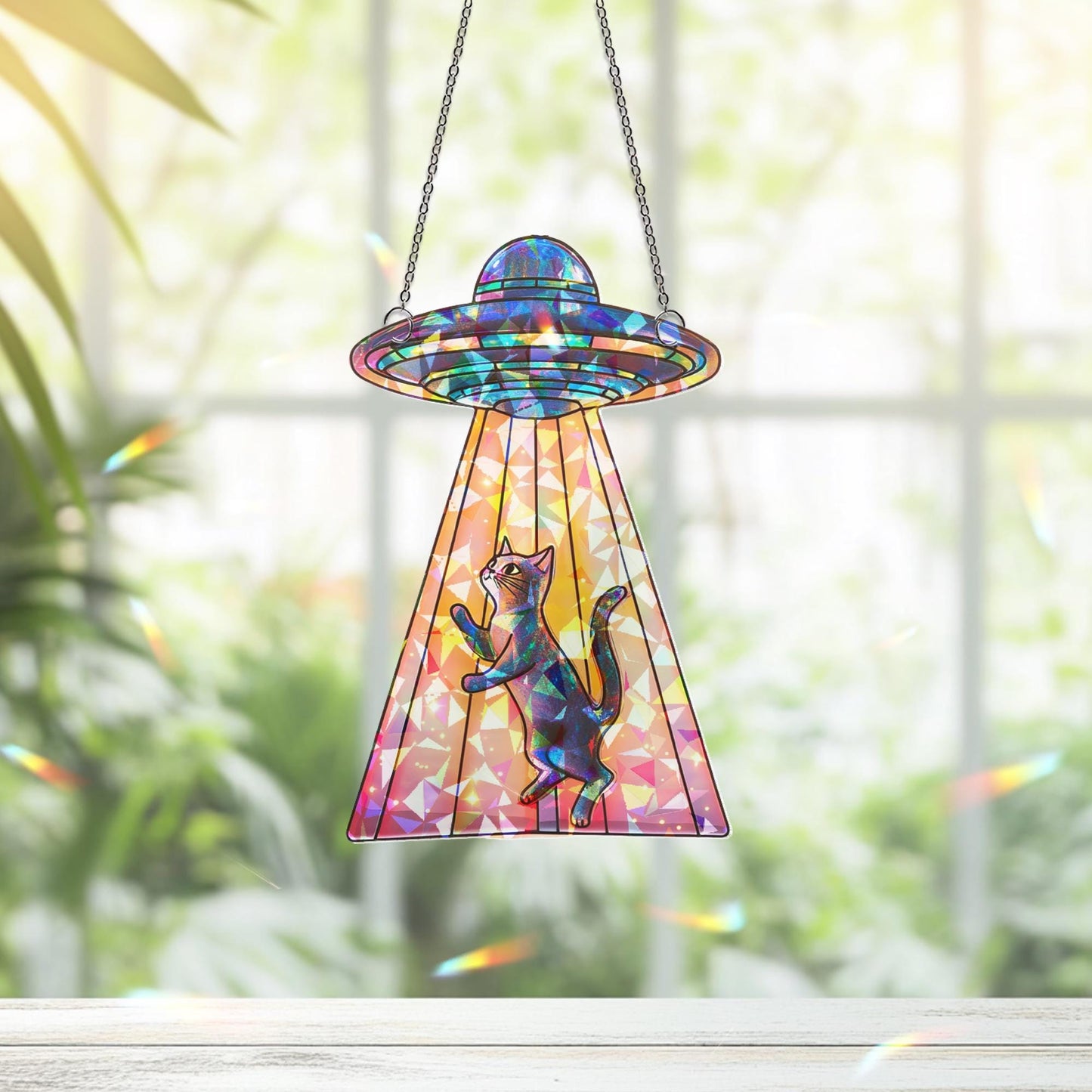 Funny Cat UFO Suncatcher, Alien Spaceship Decor, Quirky Gift for Cat Lovers, Gift for Cat Mom or Personalized Space Decor, Cat Home Decor