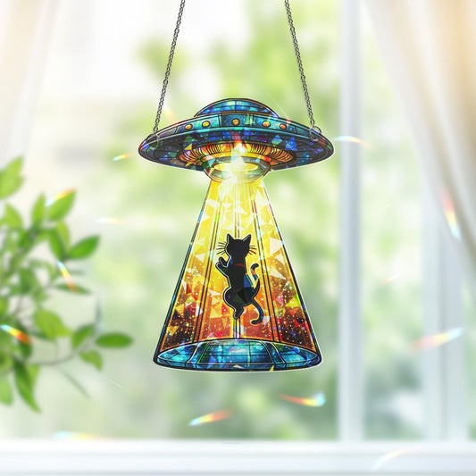 Funny Cat UFO Suncatcher, Alien Spaceship Decor, Quirky Gift for Cat Lovers, Gift for Cat Mom or Personalized Space Decor, Cat Home Decor
