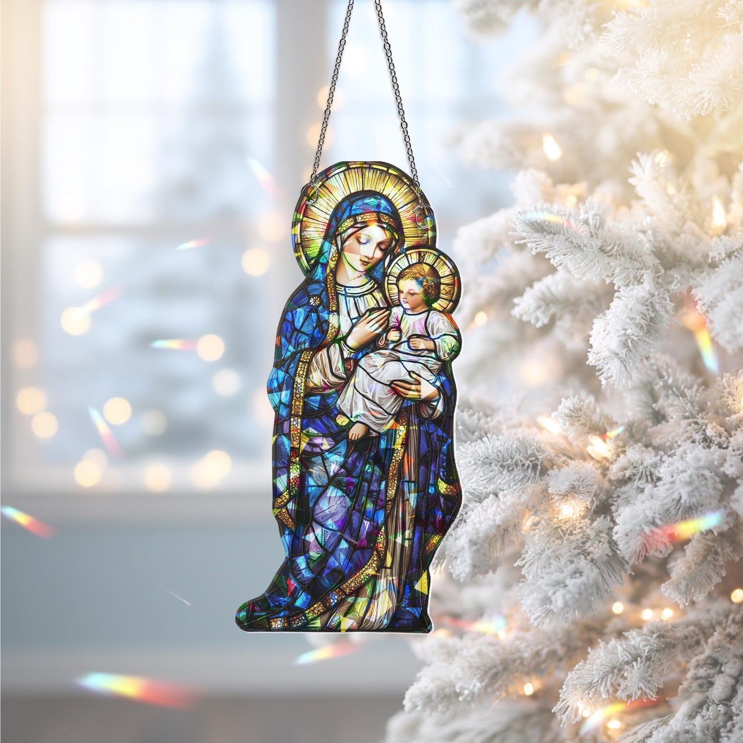 Virgin Mary and Baby Jesus Suncatcher, Nativuty  Window Hanging Decoration, Christian Art, Faith-Inspired Home Decor, Catholic Ornament Gift