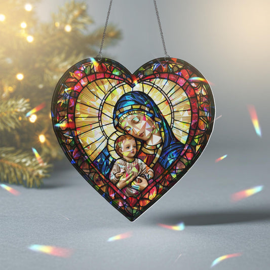 Virgin Mary and Baby Jesus Suncatcher, Nativuty  Window Hanging Decoration, Christian Art, Faith-Inspired Home Decor, Catholic Ornament Gift