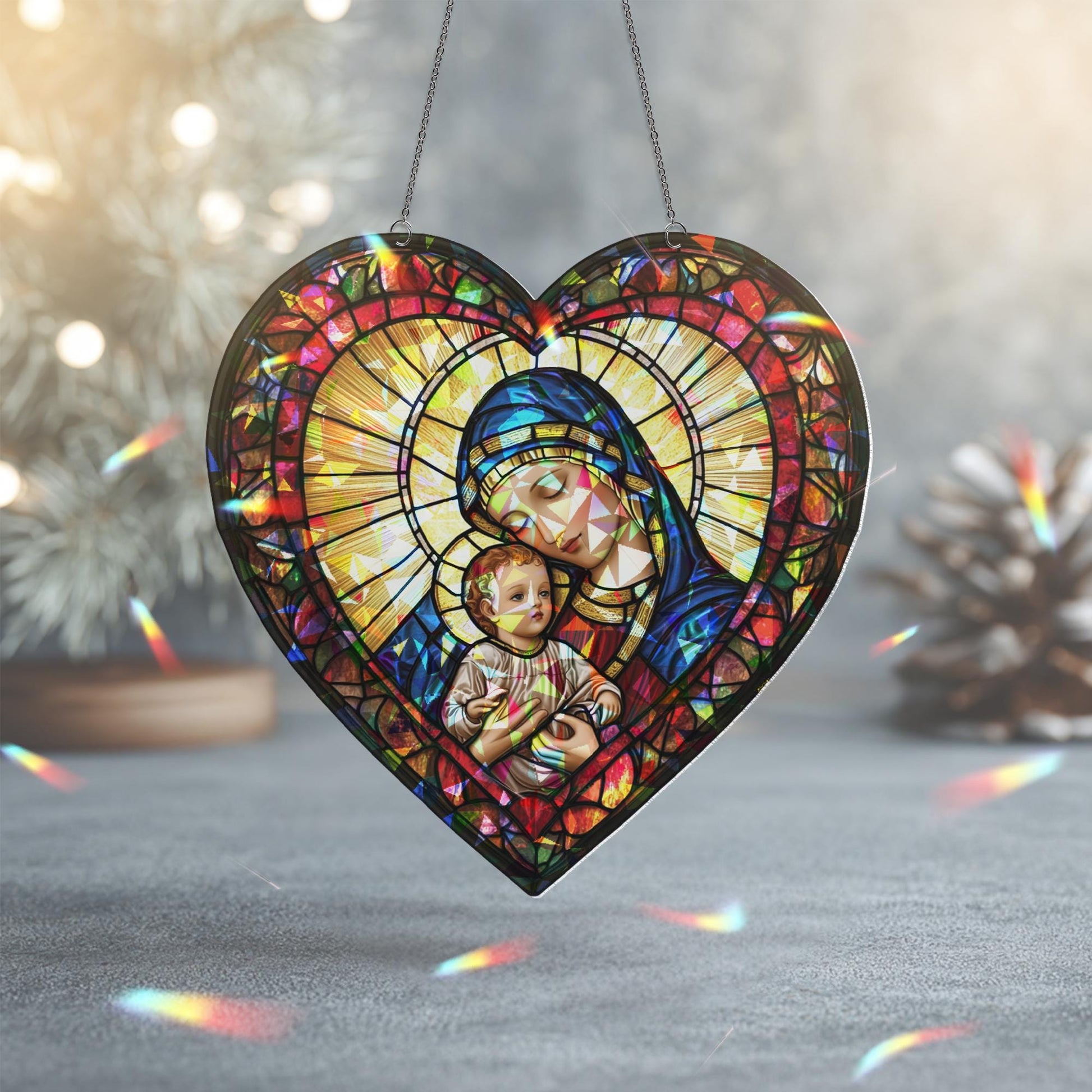 Virgin Mary and Baby Jesus Suncatcher, Nativuty  Window Hanging Decoration, Christian Art, Faith-Inspired Home Decor, Catholic Ornament Gift