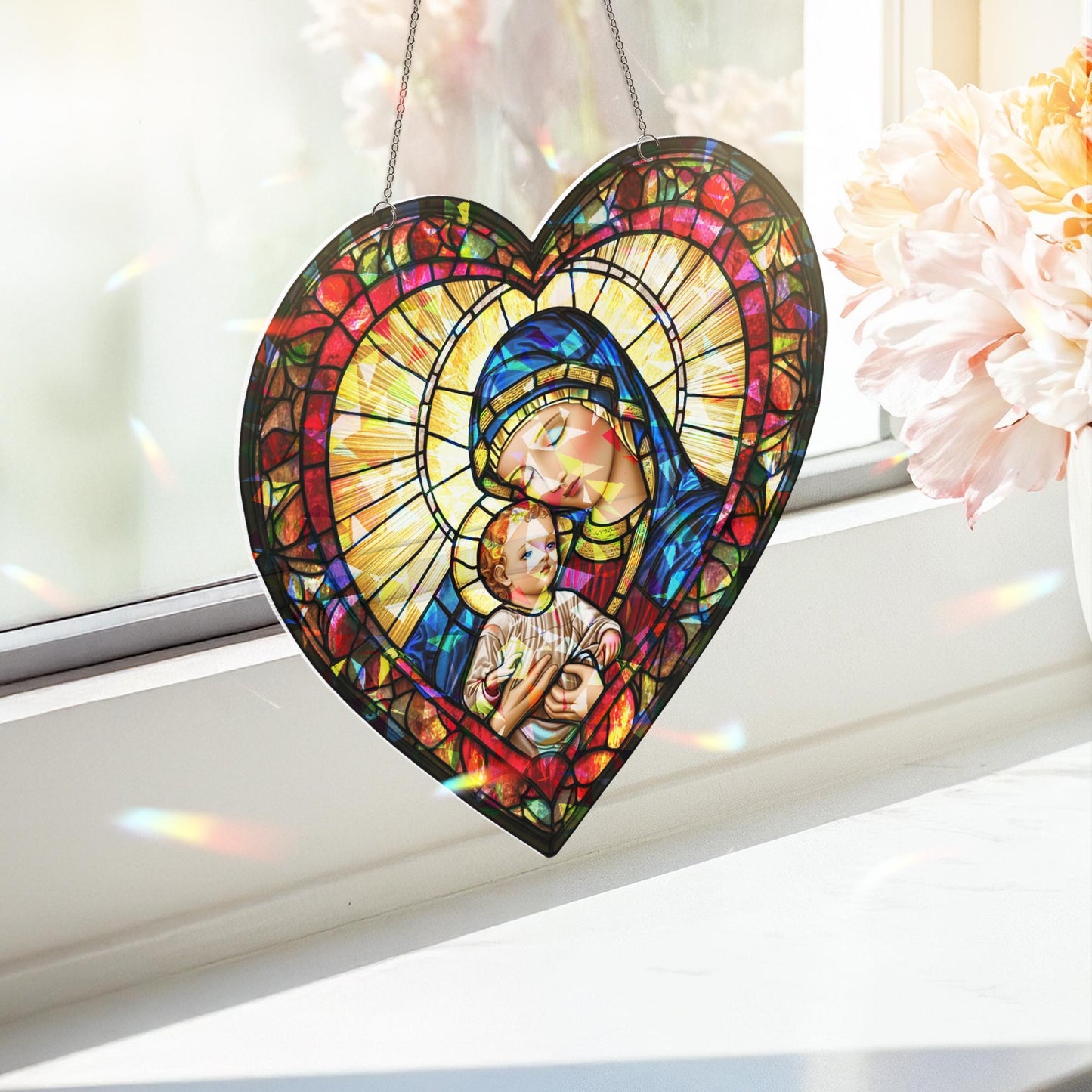 Virgin Mary and Baby Jesus Suncatcher, Nativuty  Window Hanging Decoration, Christian Art, Faith-Inspired Home Decor, Catholic Ornament Gift
