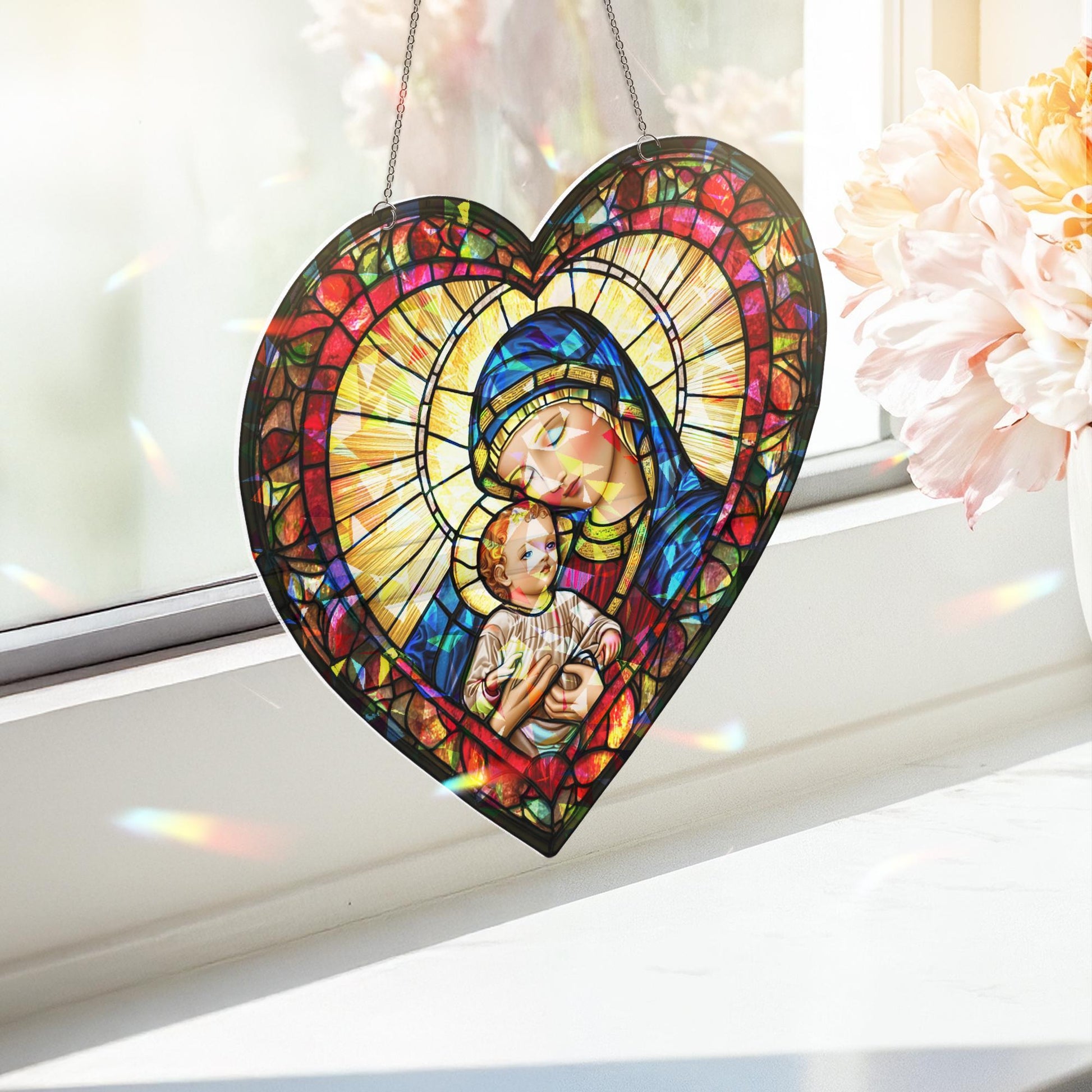 Virgin Mary and Baby Jesus Suncatcher, Nativuty  Window Hanging Decoration, Christian Art, Faith-Inspired Home Decor, Catholic Ornament Gift