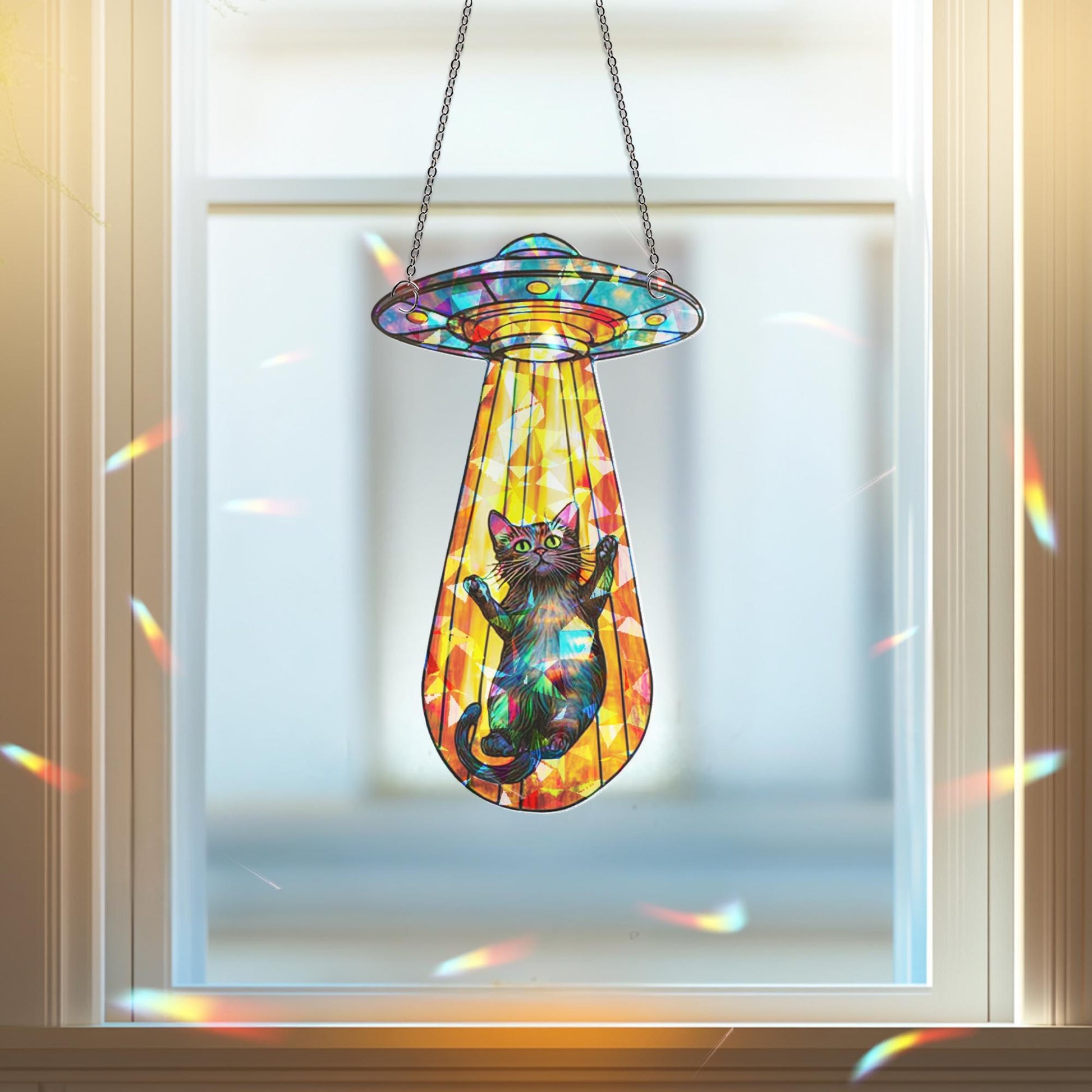 Funny Cat UFO Suncatcher, Alien Spaceship Decor, Quirky Gift for Cat Lovers, Gift for Cat Mom or Personalized Space Decor, Cat Home Decor
