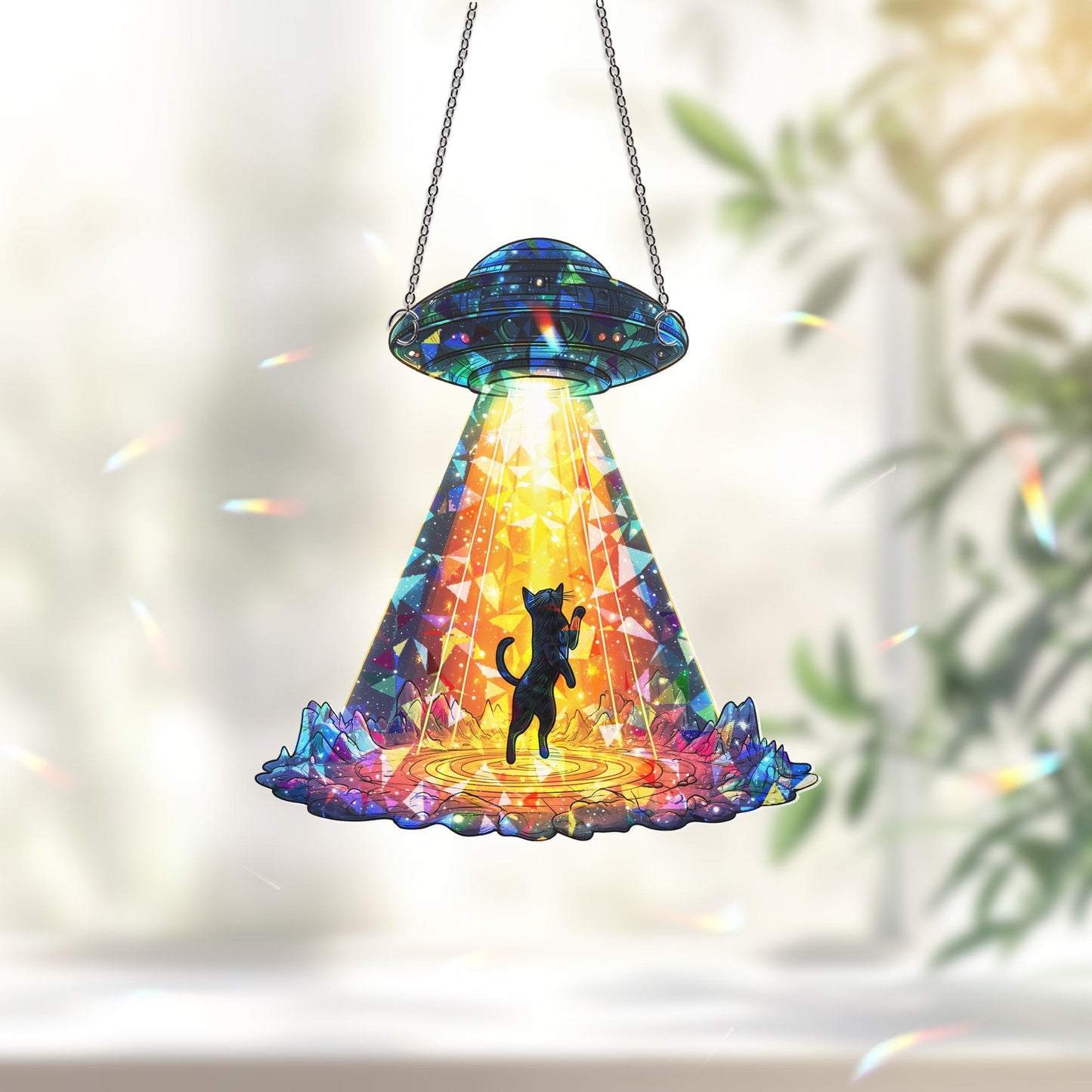 Funny Cat UFO Suncatcher, Alien Spaceship Decor, Quirky Gift for Cat Lovers, Gift for Cat Mom or Personalized Space Decor, Cat Home Decor