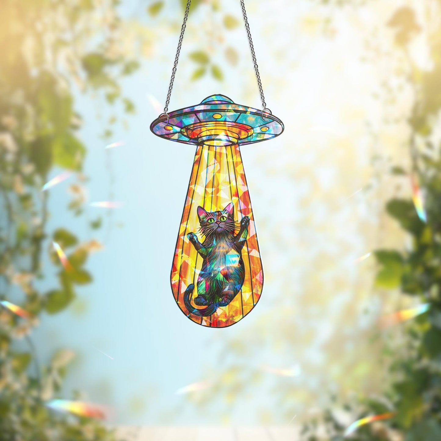 Funny Cat UFO Suncatcher, Alien Spaceship Decor, Quirky Gift for Cat Lovers, Gift for Cat Mom or Personalized Space Decor, Cat Home Decor