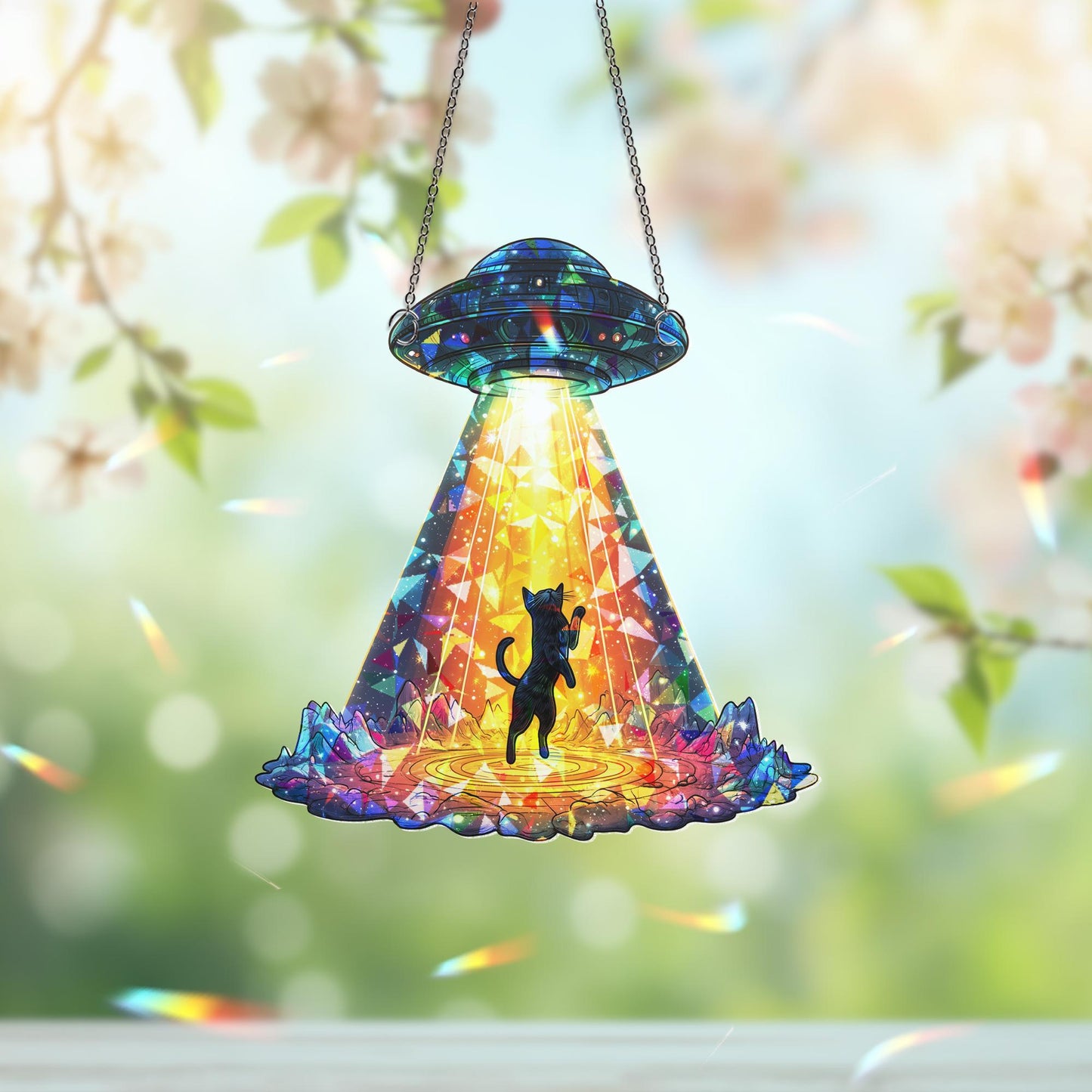 Funny Cat UFO Suncatcher, Alien Spaceship Decor, Quirky Gift for Cat Lovers, Gift for Cat Mom or Personalized Space Decor, Cat Home Decor