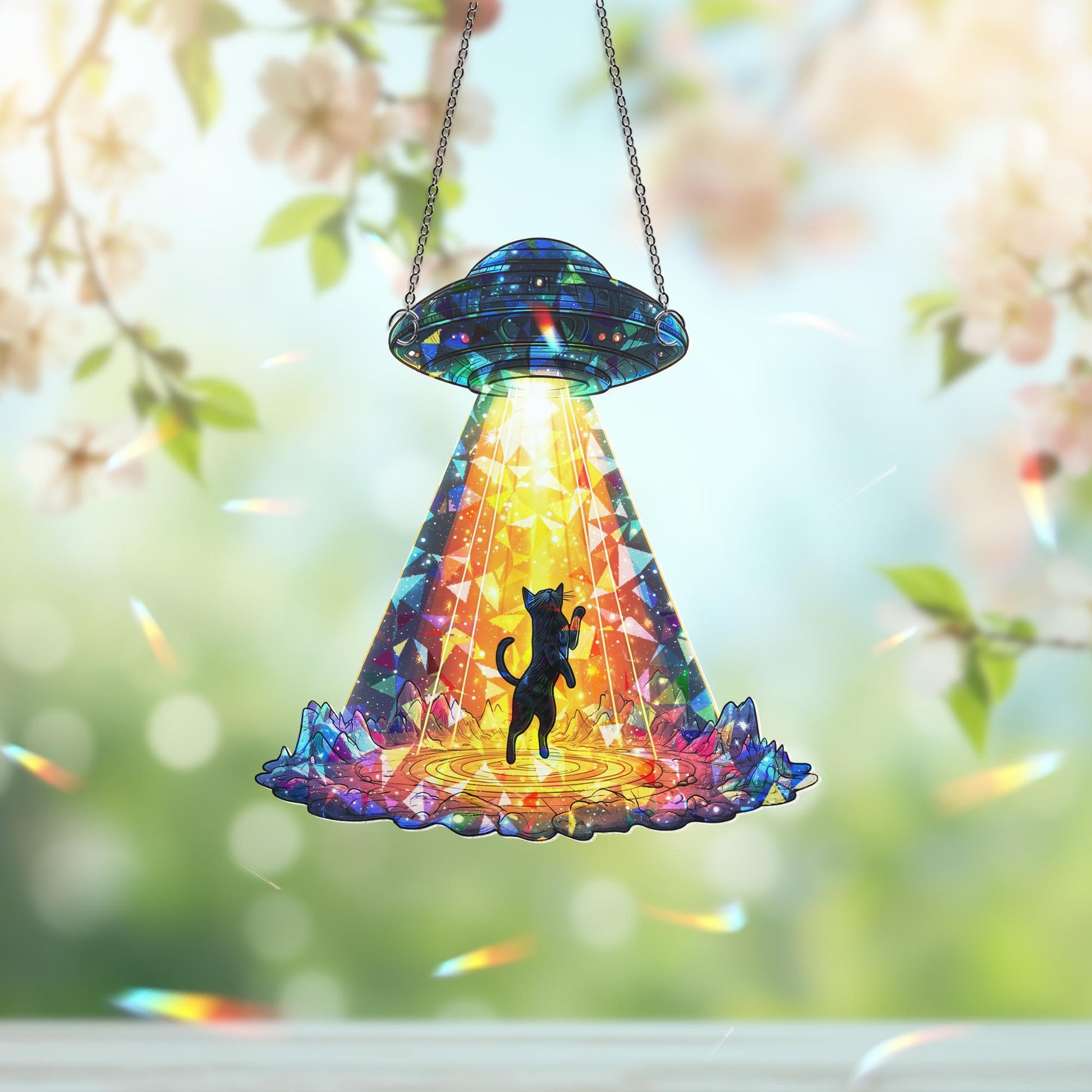 Funny Cat UFO Suncatcher, Alien Spaceship Decor, Quirky Gift for Cat Lovers, Gift for Cat Mom or Personalized Space Decor, Cat Home Decor