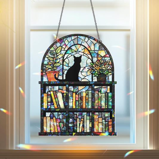 Cat Bookshelf Suncatcher, Cozy Reading Gift, Cat Lover Gift, Colorful Home or Library Decor, Book Lover Gift, Cat Lover Gift,Librarian Gift