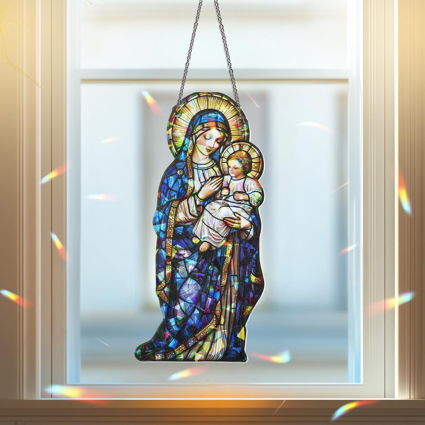 Virgin Mary and Baby Jesus Suncatcher, Nativuty  Window Hanging Decoration, Christian Art, Faith-Inspired Home Decor, Catholic Ornament Gift