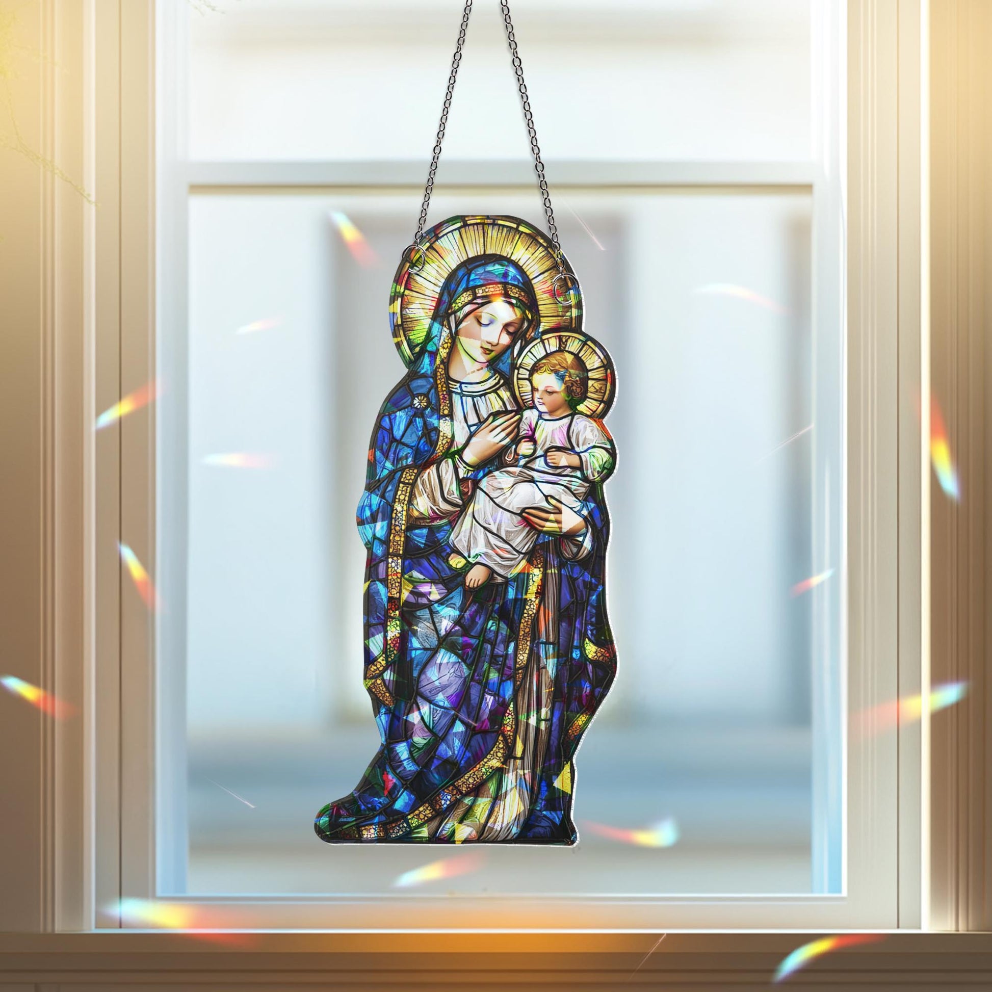 Virgin Mary and Baby Jesus Suncatcher, Nativuty  Window Hanging Decoration, Christian Art, Faith-Inspired Home Decor, Catholic Ornament Gift