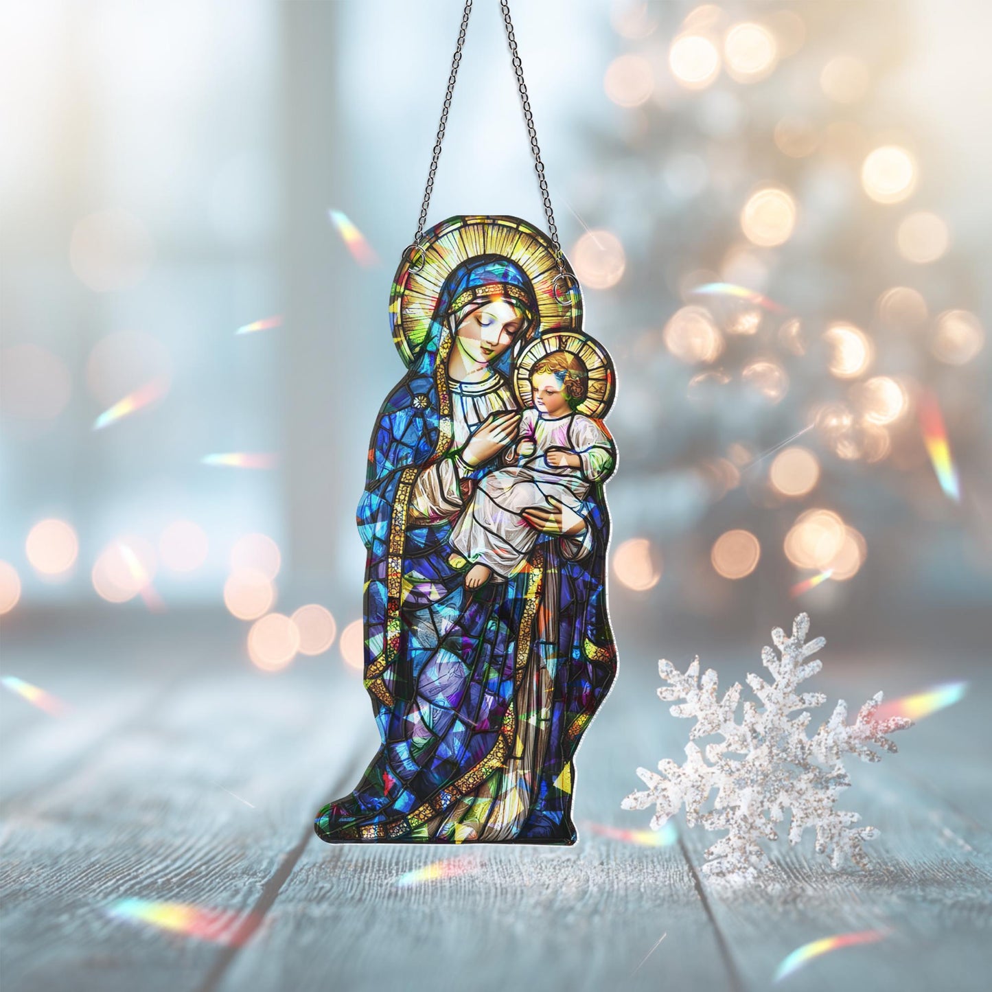 Virgin Mary and Baby Jesus Suncatcher, Nativuty  Window Hanging Decoration, Christian Art, Faith-Inspired Home Decor, Catholic Ornament Gift