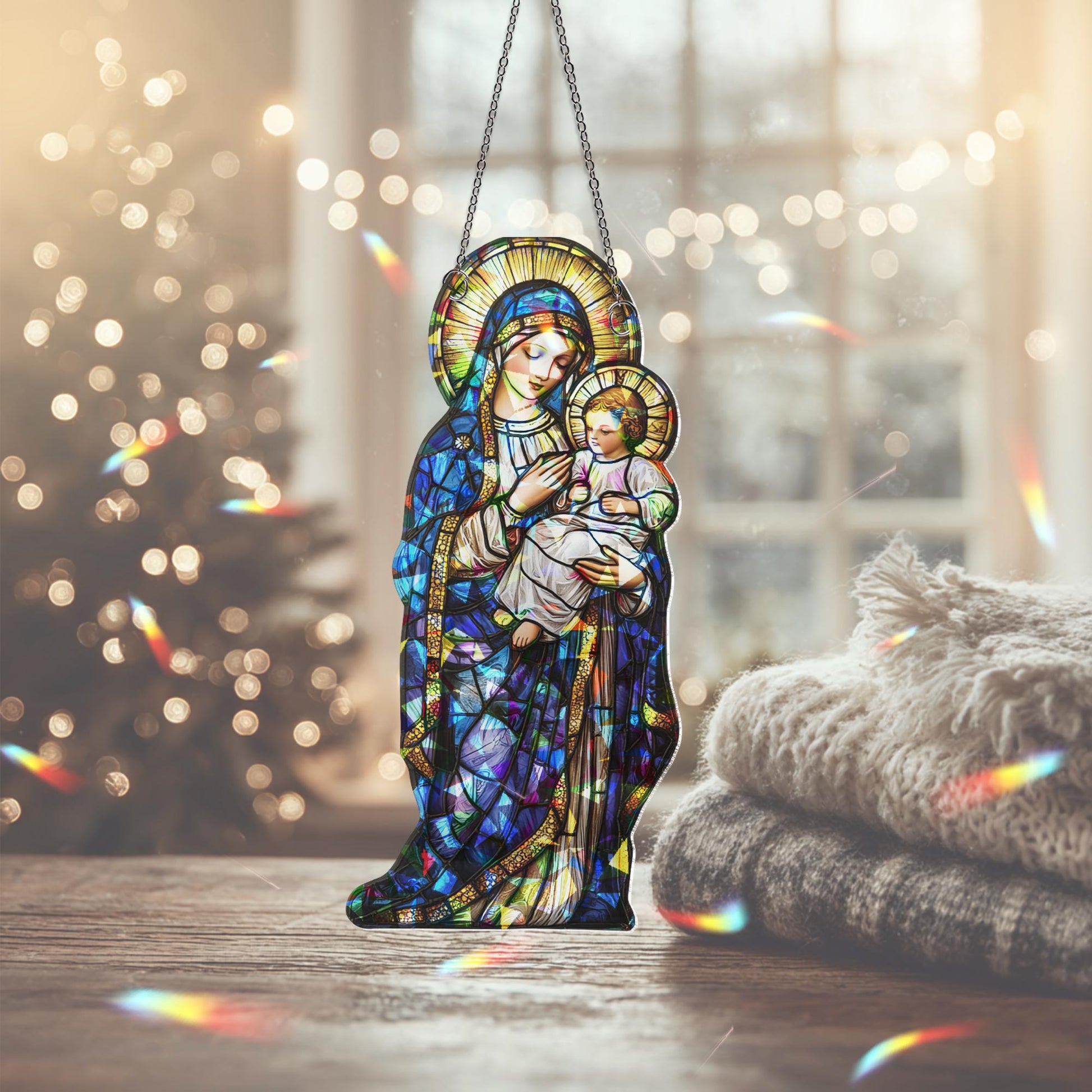 Virgin Mary and Baby Jesus Suncatcher, Nativuty  Window Hanging Decoration, Christian Art, Faith-Inspired Home Decor, Catholic Ornament Gift