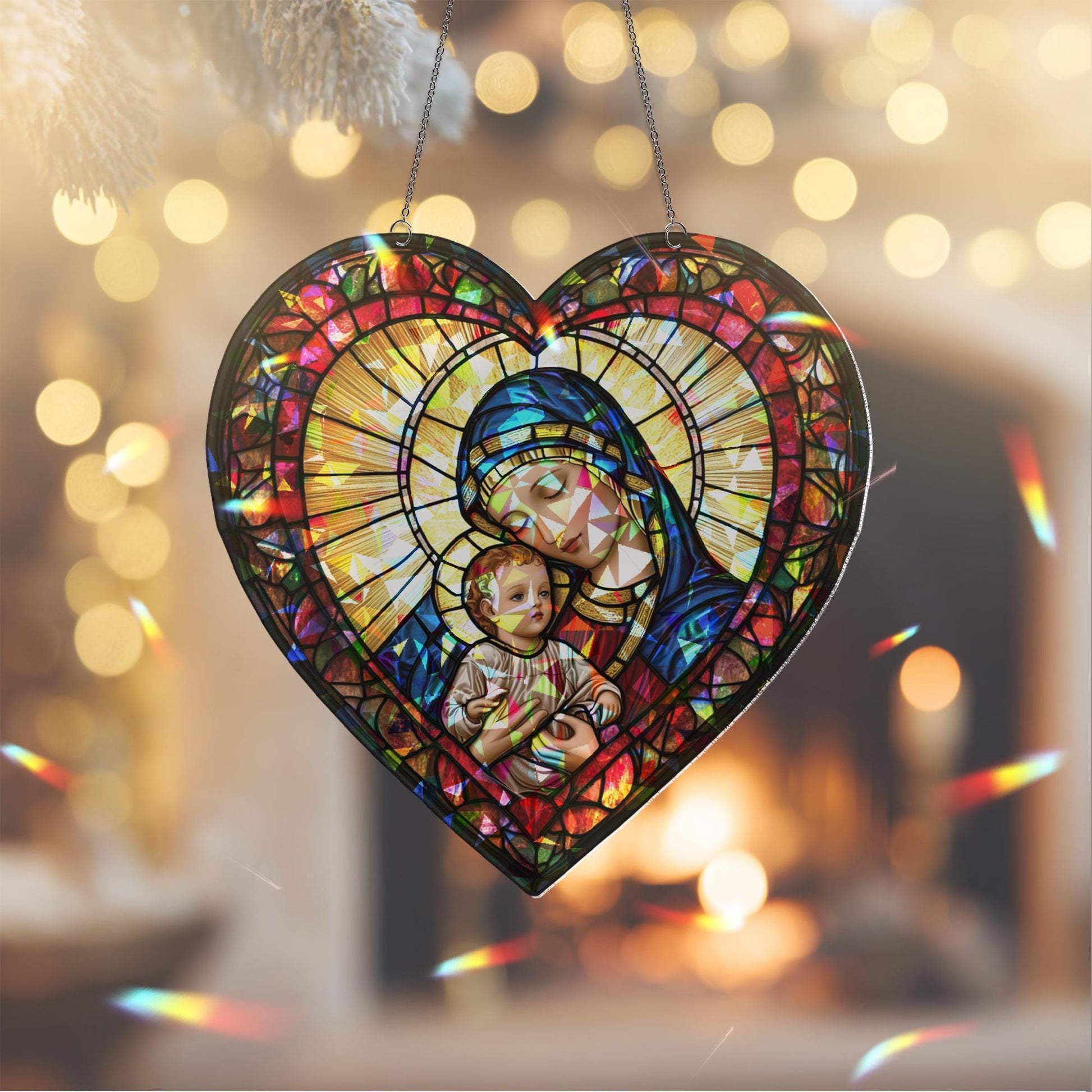 Virgin Mary and Baby Jesus Suncatcher, Nativuty  Window Hanging Decoration, Christian Art, Faith-Inspired Home Decor, Catholic Ornament Gift