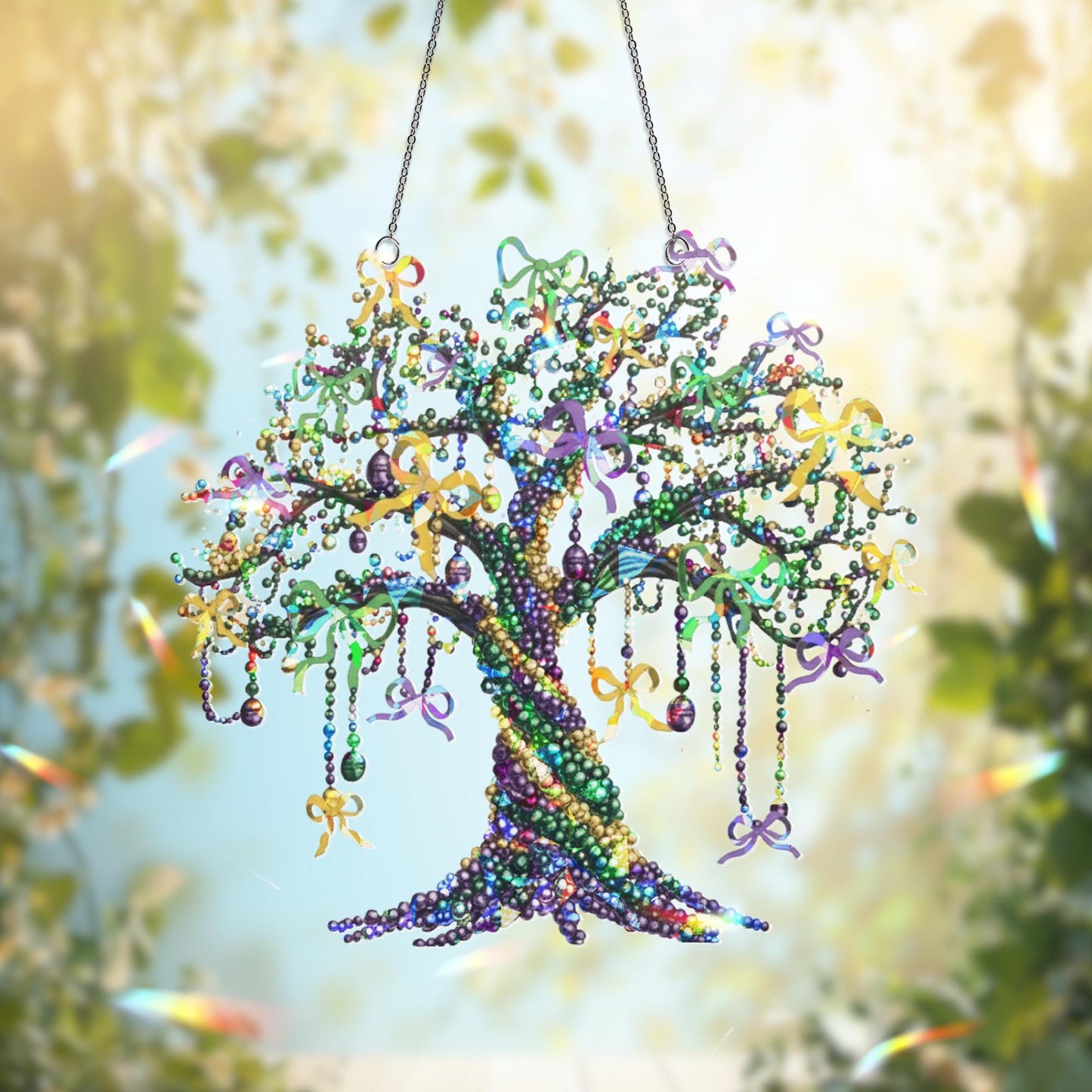 Mardi Gras Tree Beads Suncatcher, Mardi Gras Tree Suncatcher, Louisiana Mardi Grass Home Decor, Louisiana State Hanging Sign, Mardi Gras Art