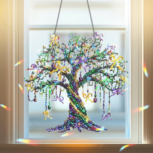 Mardi Gras Tree Beads Suncatcher, Mardi Gras Tree Suncatcher, Louisiana Mardi Grass Home Decor, Louisiana State Hanging Sign, Mardi Gras Art