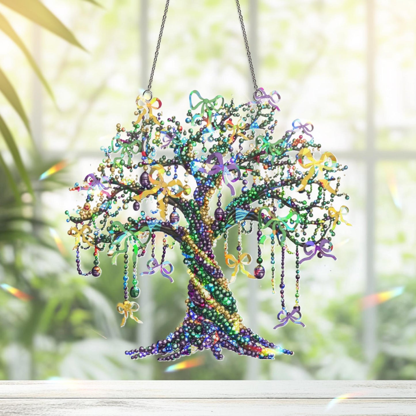 Mardi Gras Tree Beads Suncatcher, Mardi Gras Tree Suncatcher, Louisiana Mardi Grass Home Decor, Louisiana State Hanging Sign, Mardi Gras Art