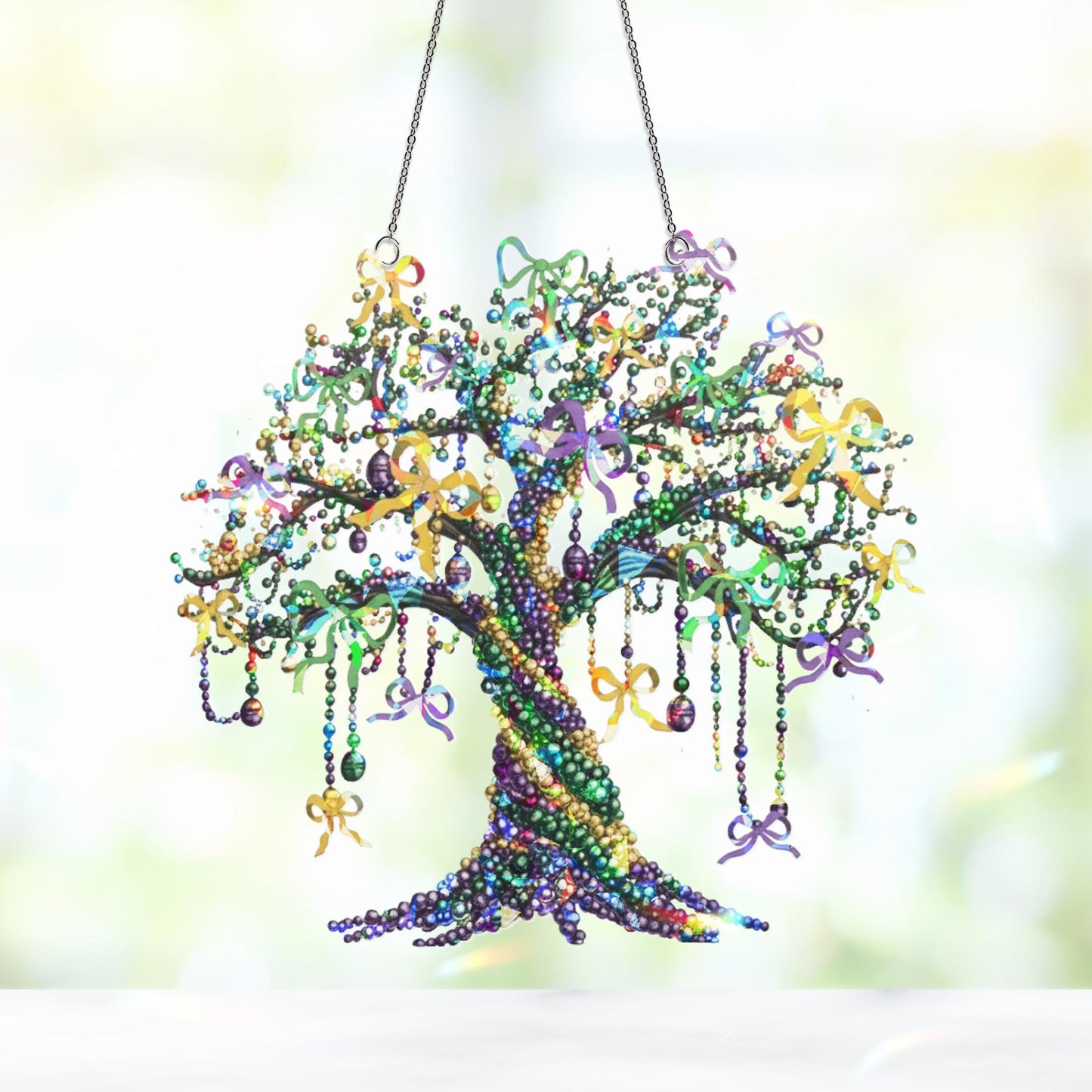 Mardi Gras Tree Beads Suncatcher, Mardi Gras Tree Suncatcher, Louisiana Mardi Grass Home Decor, Louisiana State Hanging Sign, Mardi Gras Art