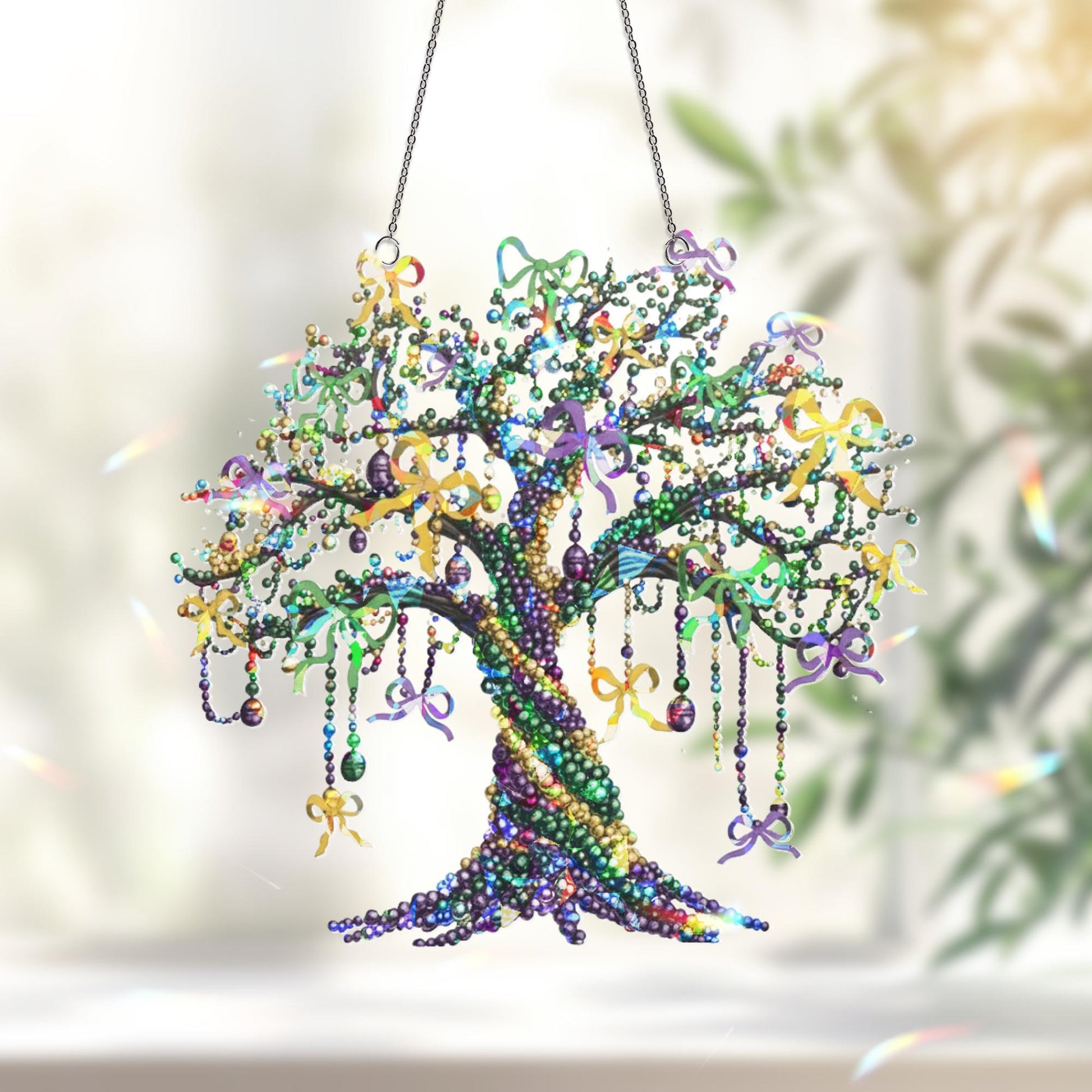 Mardi Gras Tree Beads Suncatcher, Mardi Gras Tree Suncatcher, Louisiana Mardi Grass Home Decor, Louisiana State Hanging Sign, Mardi Gras Art