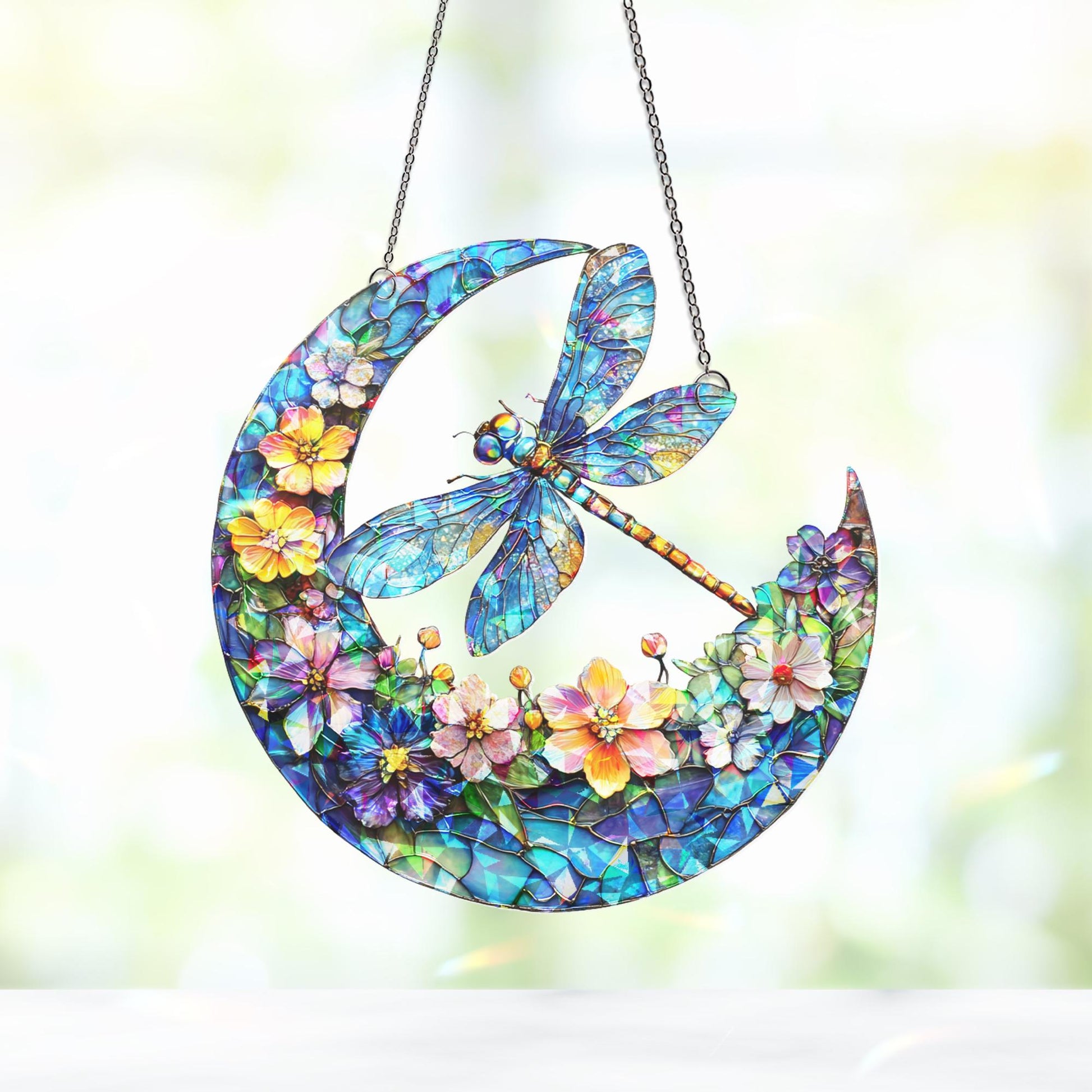 Dragonfly Suncatcher Hanging Sign, Dragonfly Gift, Dragonfly Moon Decor, Dragonfly Window Hanging, Dragonfly Nature Lover Gift, Gift for Mom