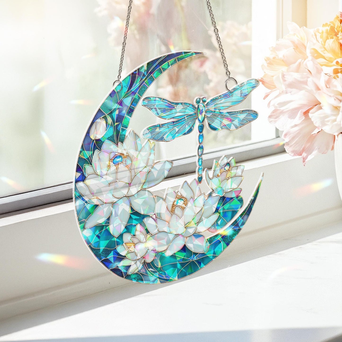Dragonfly Suncatcher Hanging Sign, Dragonfly Gift, Dragonfly Moon Decor, Dragonfly Window Hanging, Dragonfly Nature Lover Gift, Gift for Mom