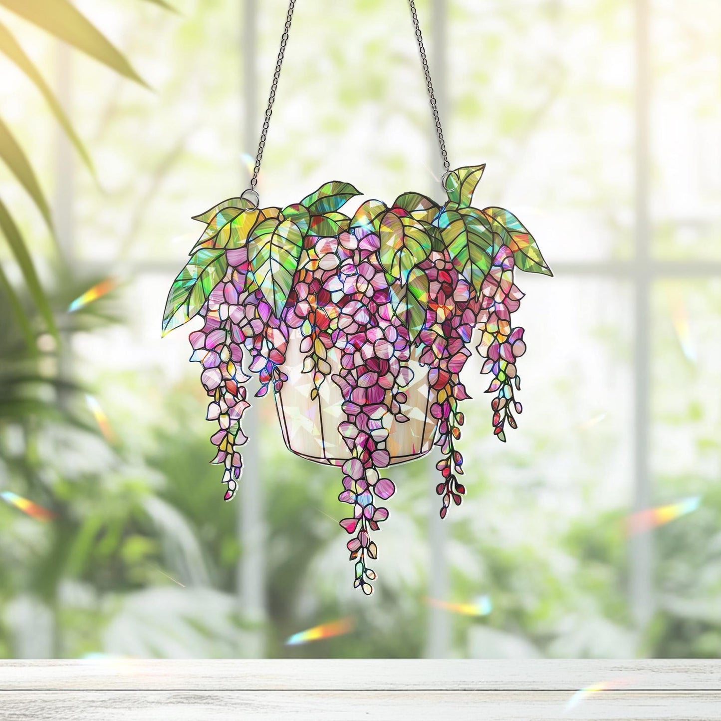 Hanging Basket Floral Suncatcher, Blooming Flower Window Decor, Garden Lover Gift, Wisteria Ornament Decor , Flower Decor, Gift For Her