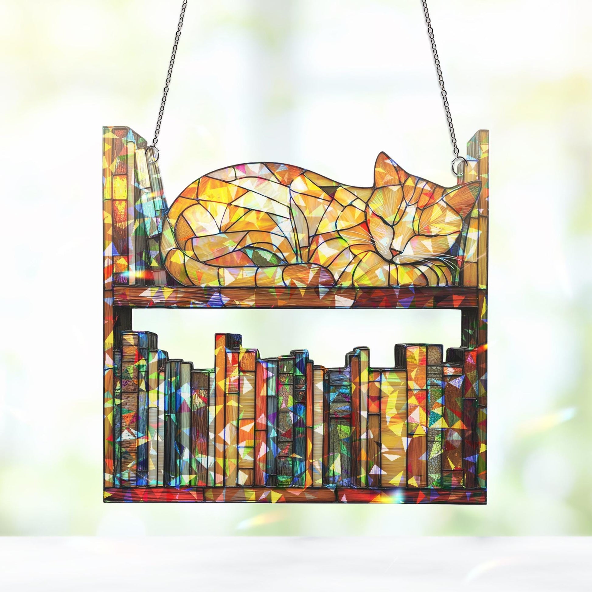 Cat Book Suncatcher Ornament, Reading Cat Hanging, Book Window Decor, Book Lover Gift, Cat Lover Gift, Librarian Decor, Book Club Gift