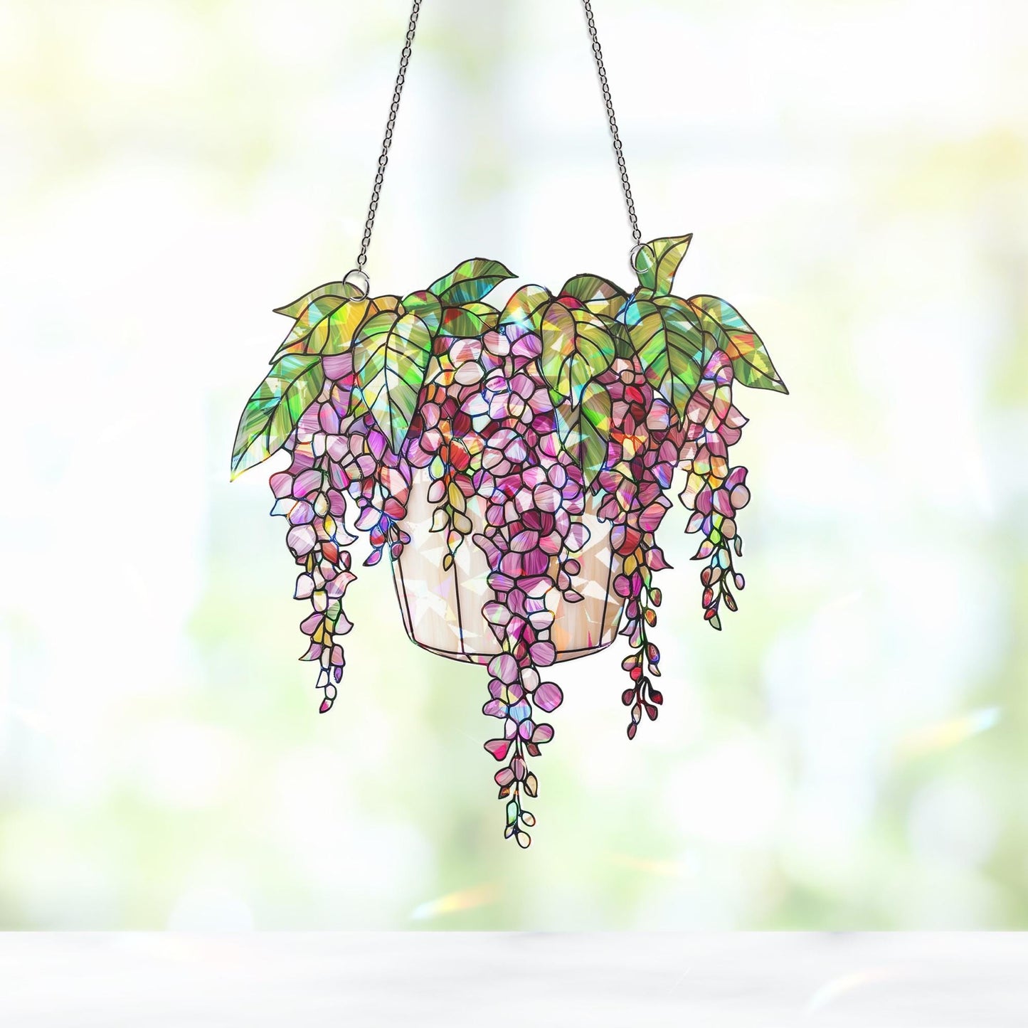 Hanging Basket Floral Suncatcher, Blooming Flower Window Decor, Garden Lover Gift, Wisteria Ornament Decor , Flower Decor, Gift For Her