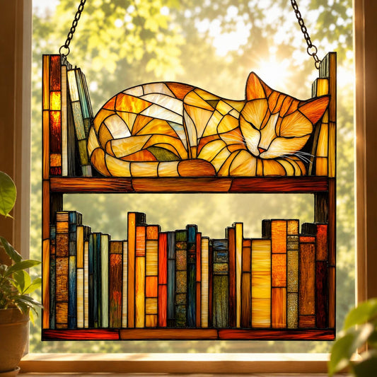 Cat Book Suncatcher Ornament, Reading Cat Hanging, Book Window Decor, Book Lover Gift, Cat Lover Gift, Librarian Decor, Book Club Gift