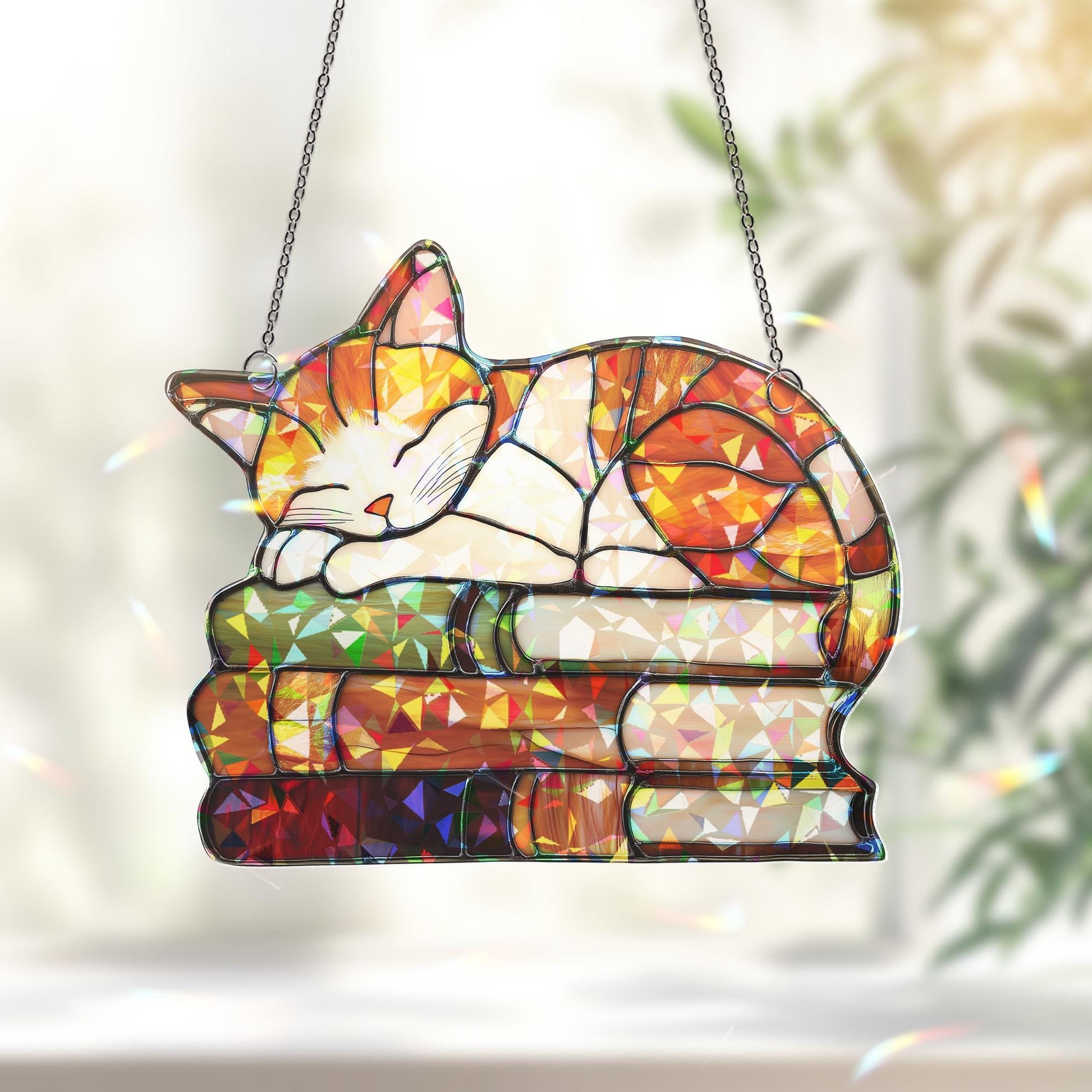 Cat Book Suncatcher Ornament, Reading Cat Hanging, Book Window Decor, Book Lover Gift, Cat Lover Gift, Librarian Decor, Book Club Gift