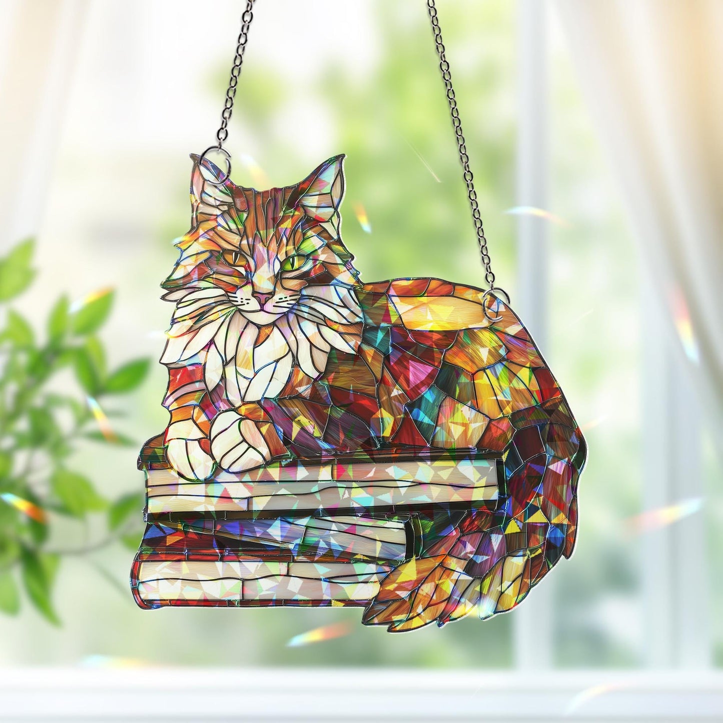 Cat Book Suncatcher Ornament, Reading Cat Hanging, Book Window Decor, Book Lover Gift, Cat Lover Gift, Librarian Decor, Book Club Gift